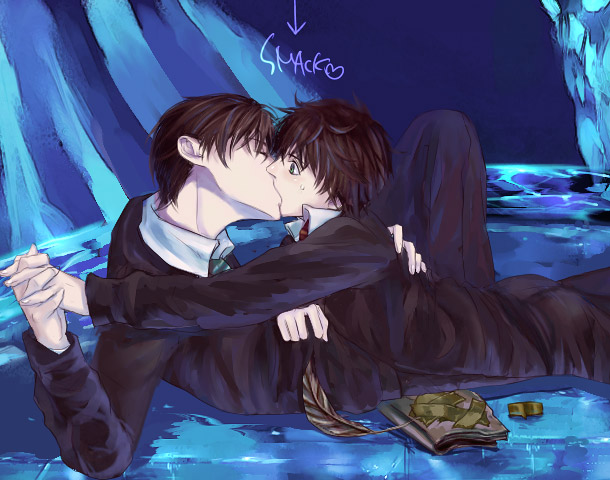furayu (flayu), numeri (pixiv), harry potter, tom marvolo riddle, harry potter (series), wizarding world, striped neckwear, 2boys, book, brown hair, diary, glasses, green eyes, holding hands, kiss, male focus, multiple boys, necktie, quill, school uniform, short hair, surprised, tape, water, wide-eyed, yaoi