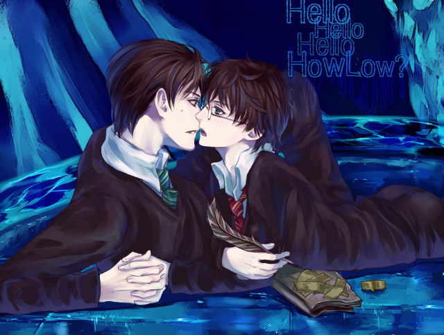 furayu (flayu), numeri (pixiv), harry potter, tom marvolo riddle, harry potter (series), nirvana (band), wizarding world, striped neckwear, 2boys, boots, brown hair, diary, english text, eye contact, feathers, glasses, green eyes, holding hands, imminent kiss, looking at another, male focus, multiple boys, necktie, quill, red eyes, school uniform, short hair, tape, water, wide-eyed, yaoi