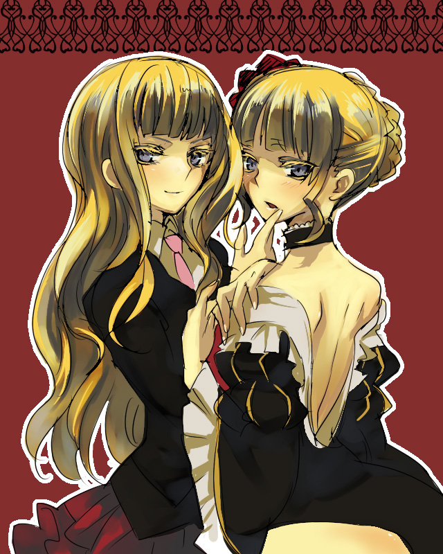 gm, beatrice (umineko), umineko no naku koro ni, bad id, bad pixiv id, 00s, 2girls, blazer, blonde hair, blue eyes, blush, choker, dress, dual persona, flower, hair flower, hair ornament, jacket, long hair, multiple girls, necktie, pink necktie, rose, skirt, smile