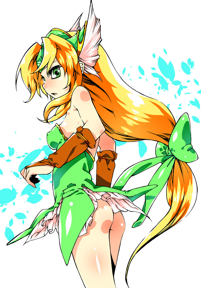 kuromasa shisei, riesz, seiken densetsu, seiken densetsu 3, commentary request, 1girl, ass, bare shoulders, blonde hair, blush, breasts, bridal gauntlets, dress, green eyes, helmet, long hair, open mouth, short dress, small breasts, solo, very long hair, winged helmet