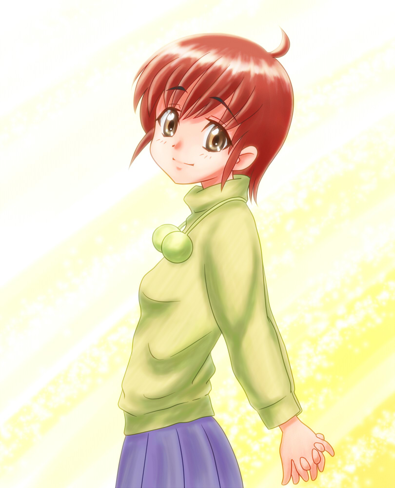 chunpai, original, 1girl, ahoge, arms behind back, blue skirt, blush, breasts, brown eyes, brown hair, female focus, light smile, long sleeves, looking at viewer, own hands clasped, own hands together, pleated skirt, short hair, skirt, small breasts, smile, solo, sweater