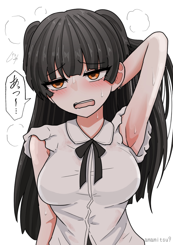 amamitsu9, mayuzumi fuyuko, idolmaster, idolmaster shiny colors, commentary request, translation request, 1girl, :o, arm up, armpits, artist name, bare arms, black hair, black ribbon, blunt bangs, blush, breasts, collared shirt, furrowed brow, hand in own hair, hot, long hair, medium breasts, neck ribbon, ribbon, shirt, signature, simple background, sleeveless, sleeveless shirt, solo, steam, sweat, teeth, upper body, upper teeth only, very long hair, white background, white shirt