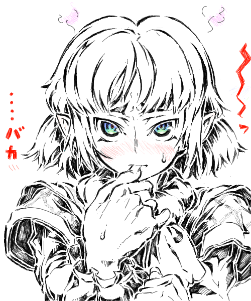 watata13, mizuhashi parsee, touhou, 1girl, blush, female focus, green eyes, monochrome, pointy ears, scarf, short hair, solo, spot color, upper body, white background
