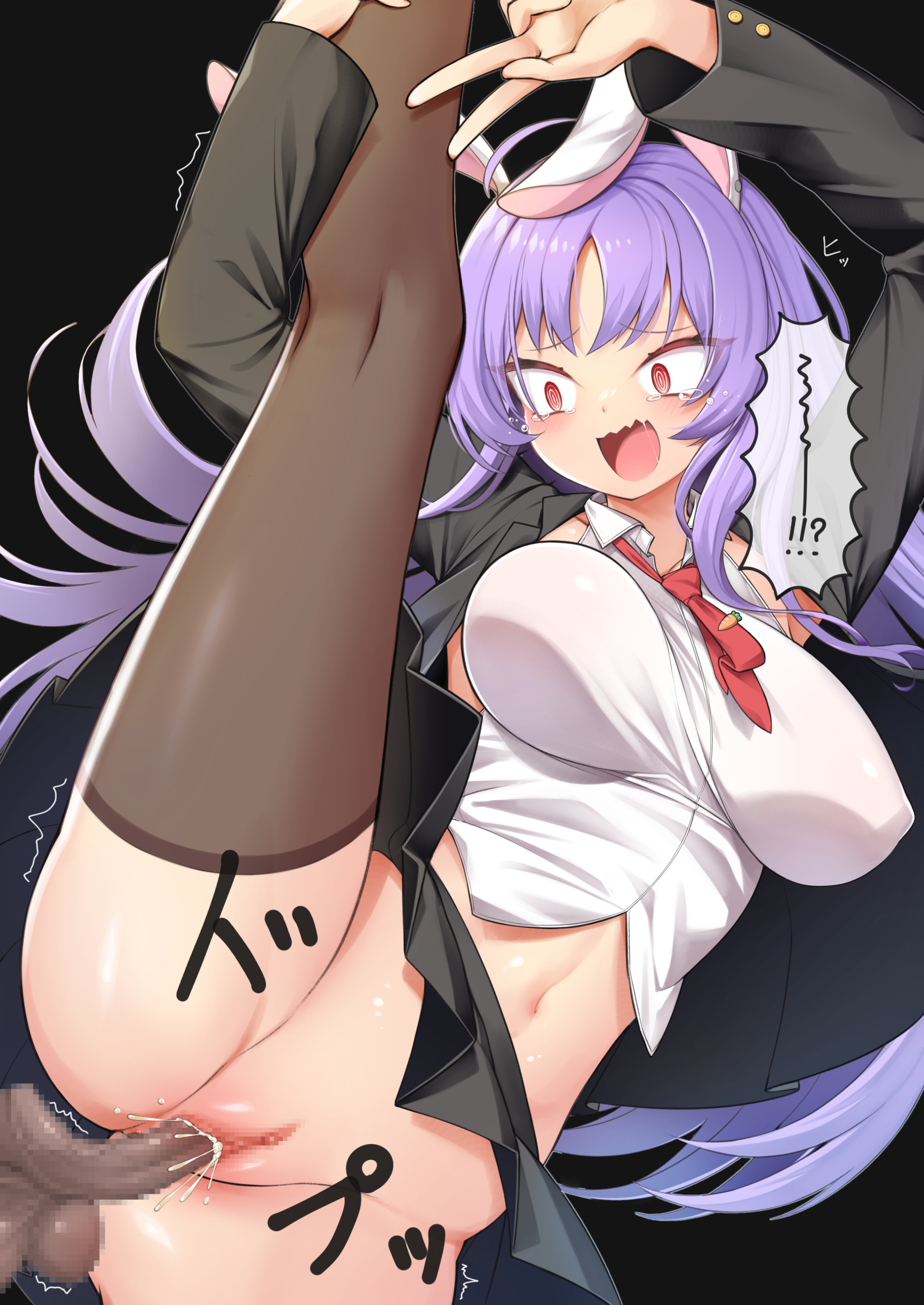 harunoha, reisen udongein inaba, touhou, absurdres, commentary request, highres, 1girl, @ @, animal ears, arms up, black background, black border, black jacket, black skirt, border, breasts, brown thighhighs, carrot pin, censored, constricted pupils, crop top, crotch seam, cum, cum in pussy, cum overflow, doyagao, ejaculation, floating hair, jacket, kneepits, long hair, long sleeves, looking at viewer, medium breasts, midriff, mosaic censoring, navel, necktie, open mouth, parted bangs, penis, pleated skirt, purple hair, pussy, rabbit ears, rabbit girl, raised inner eyebrows, red necktie, ringed eyes, sex, shirt, short necktie, simple background, skirt, smile, smug, solo, split, standing, standing on one leg, standing split, striped clothes, tearing up, teeth, thighhighs, underwear, upper teeth only, v, vaginal, very long hair, white shirt