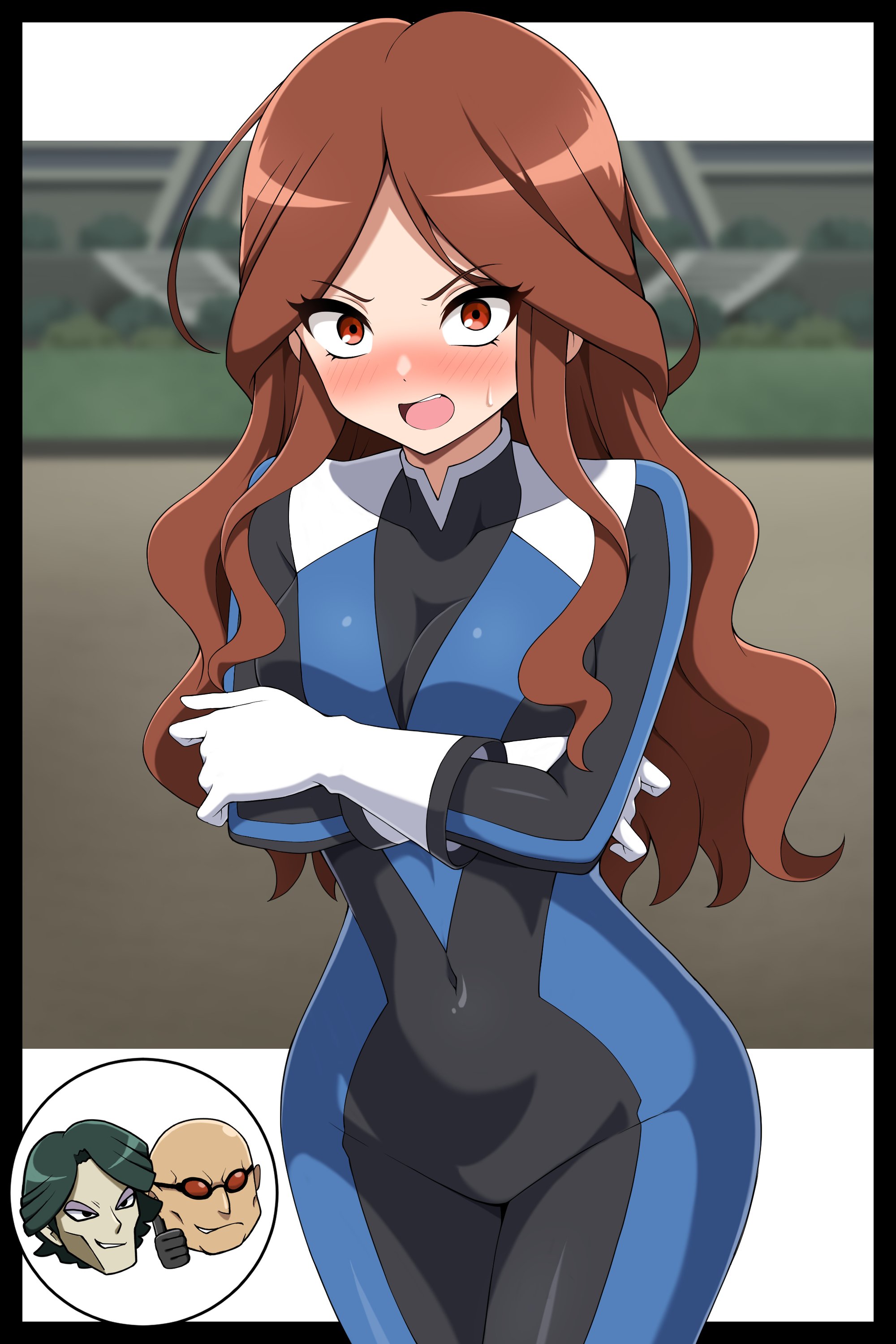 shabana may, raimon natsumi, inazuma eleven, inazuma eleven (series), absurdres, character request, commentary request, highres, 1girl, 2boys, bald, black bodysuit, black gloves, blue bodysuit, blush, bodysuit, breasts, brown eyes, brown hair, covered navel, embarrassed, glasses, gloves, green hair, long hair, medium breasts, multiple boys, navel, open mouth, orange-tinted eyewear, short hair, skin tight, sweatdrop, thumbs up, tinted eyewear, white gloves