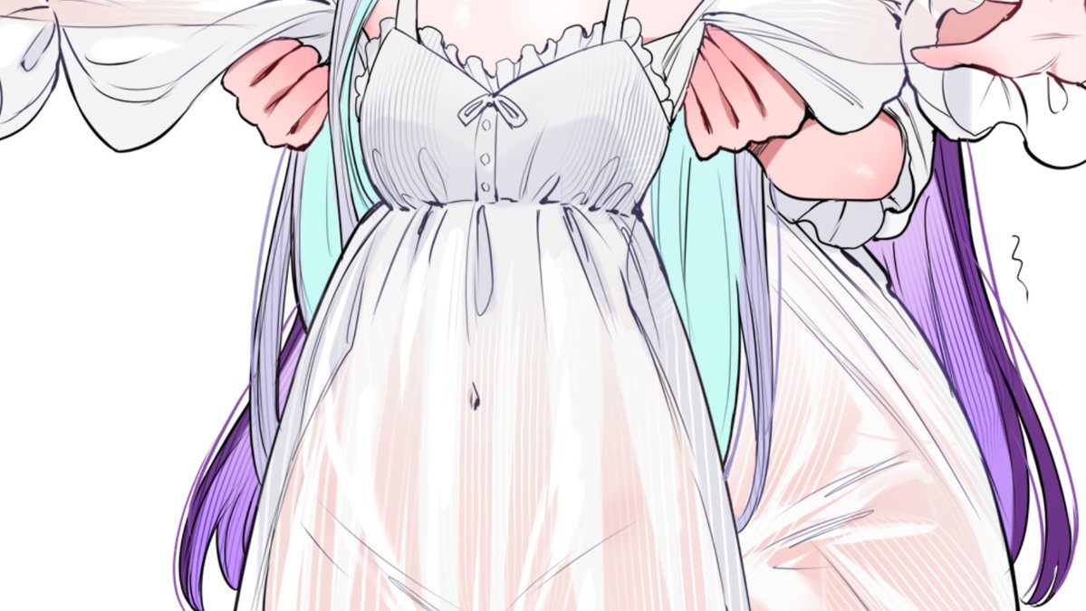 qiandaiyiyu, fern (sousou no frieren), frieren, sousou no frieren, commentary, english commentary, 2girls, blue hair, breasts, carrying, carrying person, dress, grey hair, long hair, multicolored hair, multiple girls, no panties, outstretched arms, purple hair, see-through clothes, see-through dress, simple background, small breasts, spread arms, t-pose, thumbnail collage, two-tone hair, white background, white dress