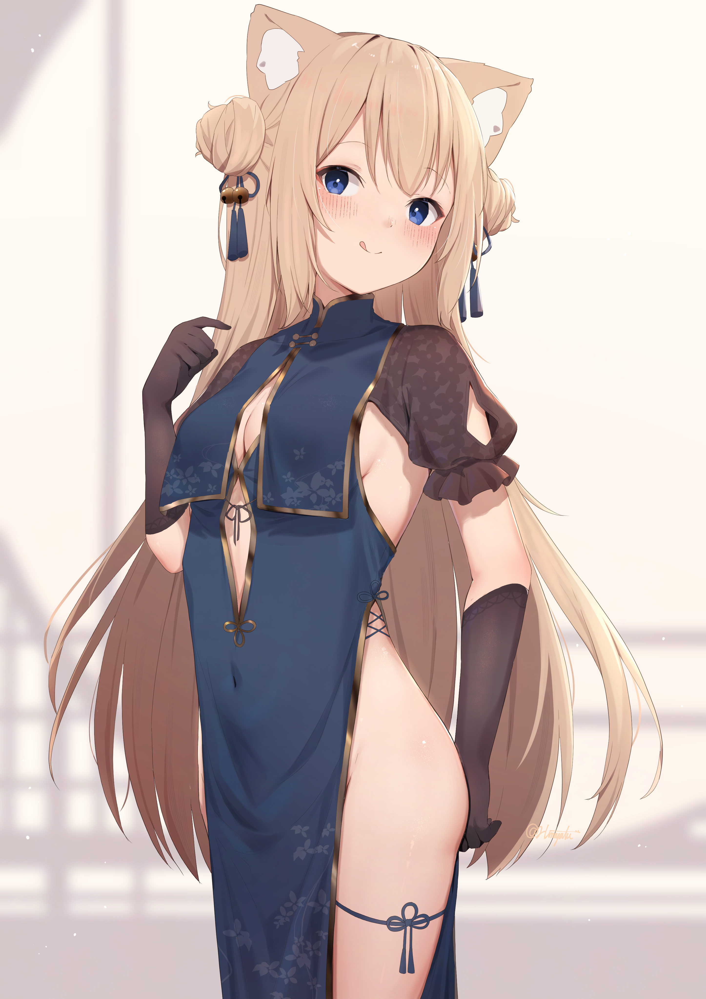 hinata (user rjkt4745), original, absurdres, commentary request, highres, 1girl, :q, animal ear fluff, animal ears, ass, black gloves, blue dress, blue eyes, breasts, cat ears, cat girl, china dress, chinese clothes, cleavage, cleavage cutout, closed mouth, clothing cutout, covered navel, cowboy shot, double bun, dress, elbow gloves, gloves, hair bun, hand up, long hair, looking at viewer, medium breasts, pelvic curtain, puffy short sleeves, puffy sleeves, short sleeves, solo, tongue, tongue out