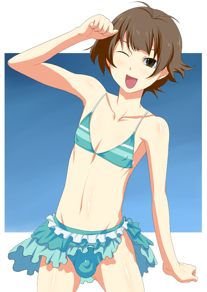 ippo, akizuki ryo, idolmaster, idolmaster dearly stars, 00s, 1boy, ahoge, aqua bikini, armpits, bikini, brown eyes, brown hair, bulge, crossdressing, crossdressing (mtf), flat chest, male focus, one eye closed, shota, solo, swimsuit, trap, wink