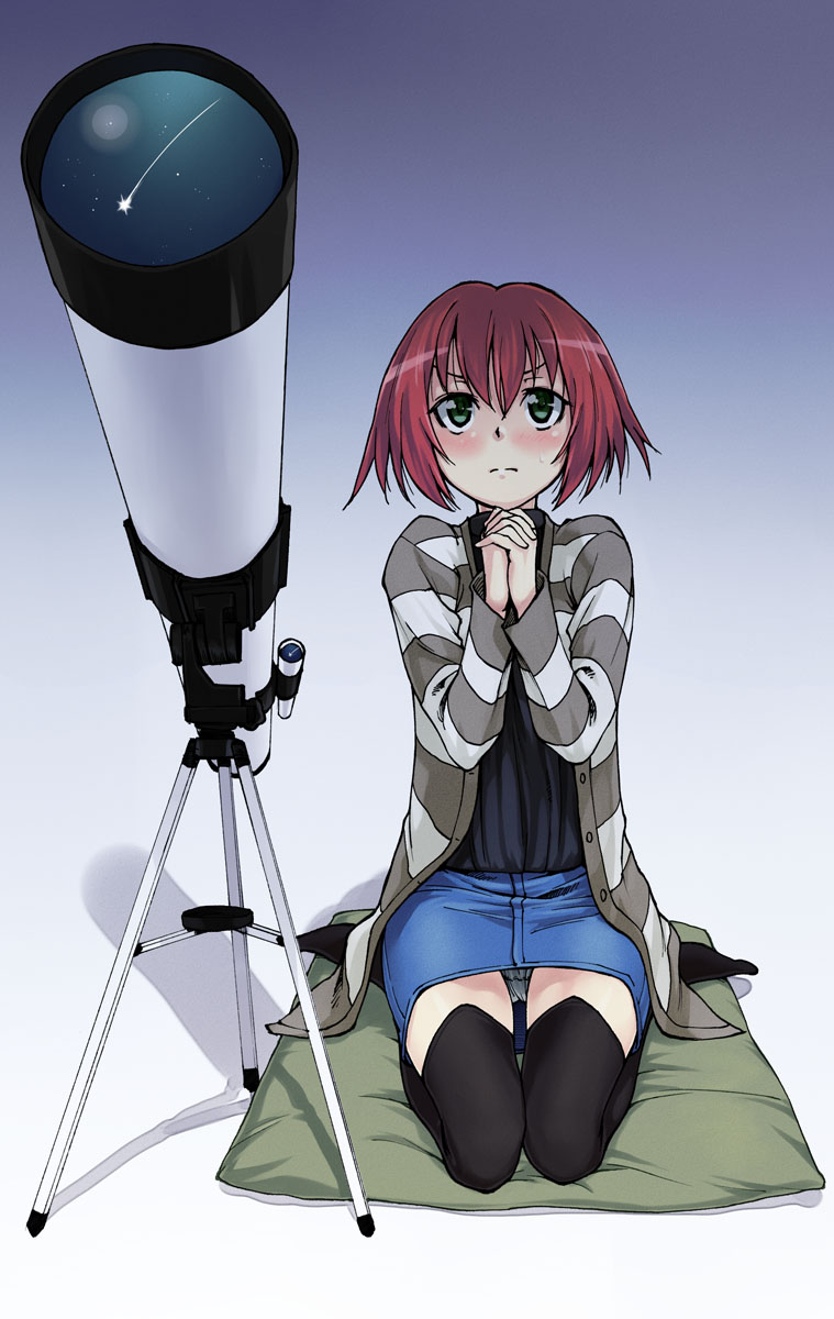 satou atsuki, suou pavlichenko, darker than black, highres, 00s, 1girl, alternate legwear, blush, female focus, green eyes, own hands together, panties, pantyshot, pencil skirt, pink hair, praying, reflection, seiza, shooting star, short hair, sitting, sitting on pillow, skirt, solo, sweatdrop, sweater, telescope, thighhighs, underwear, upskirt