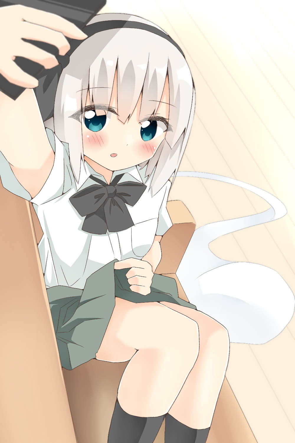 shishiky, konpaku youmu, touhou, commentary request, highres, 1girl, black bow, black bowtie, black socks, blush, bow, bowtie, cellphone, collared shirt, couch, green skirt, holding, holding phone, kneehighs, on couch, one-hour drawing challenge, open mouth, phone, selfie, shirt, sitting, skirt, smartphone, socks, solo, taking picture, white shirt