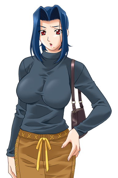 gan-chan (artist), hitozuma sentai aisaiger, game cg, large variant set, non-web source, official art, variant set, 1girl, bag, blue hair, breasts, casual, hand on own hip, handbag, hishidou aiko, impossible clothes, jewelry, large breasts, lipstick, long sleeves, makeup, mole, mole under mouth, red eyes, ring, shirt, short hair, skirt, solo, sweater, transparent background, turtleneck