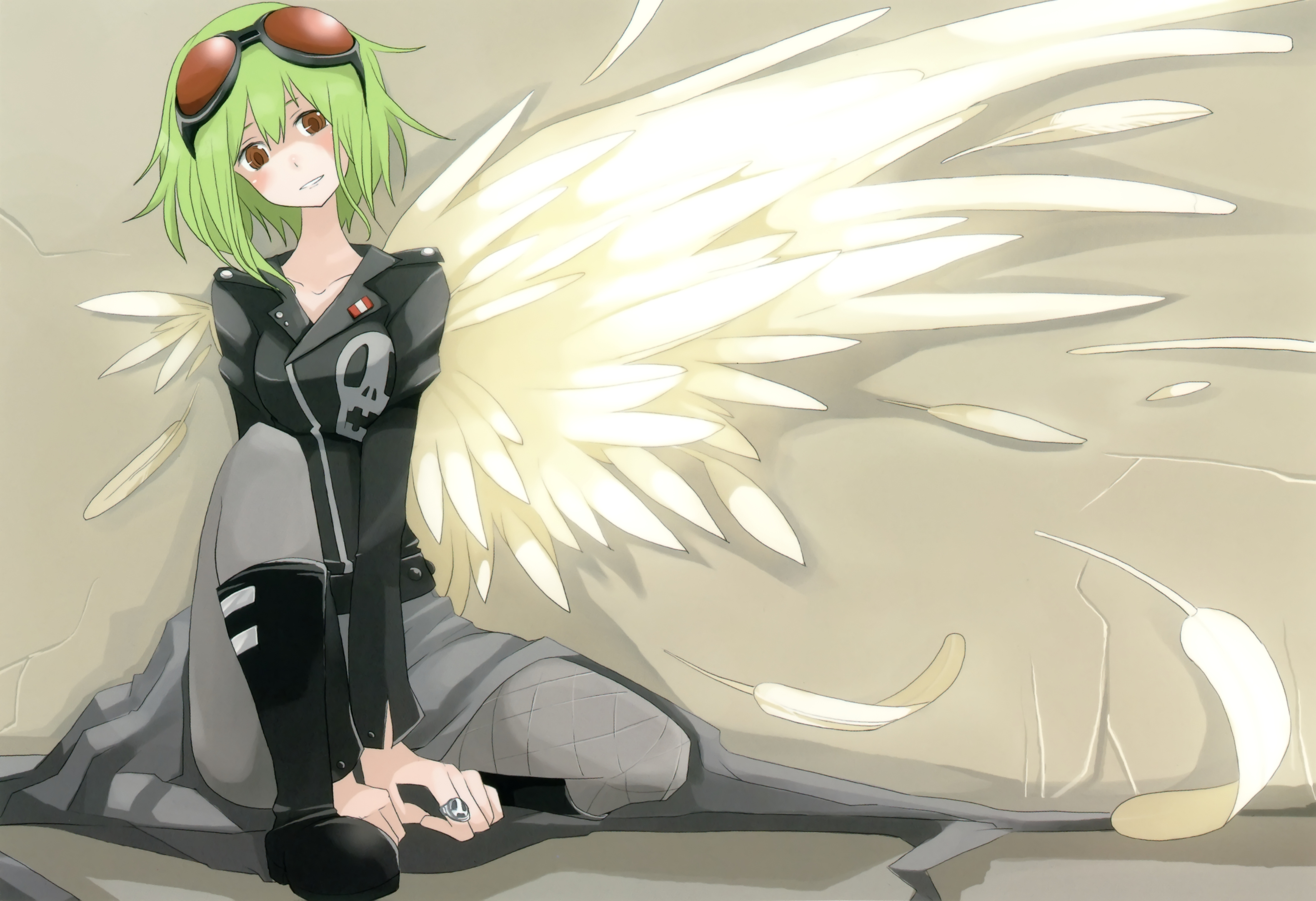 tansuke, gumi, vocaloid, highres, 1girl, blush, feathers, female focus, fishnet pantyhose, fishnets, goggles, goggles on head, green hair, pantyhose, short hair, solo, wings