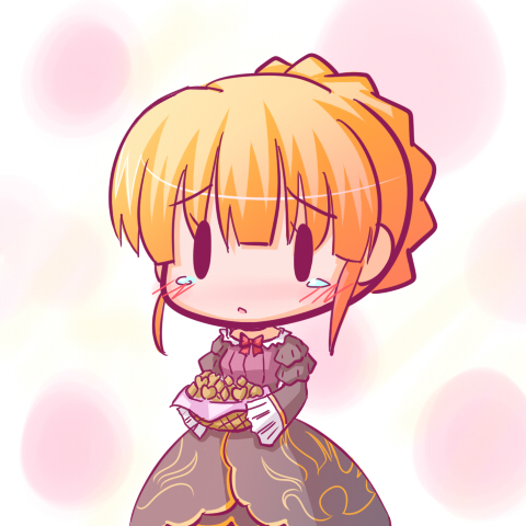 komakoma (magicaltale), beatrice (umineko), umineko no naku koro ni, european clothes, lowres, md5 mismatch, 00s, 1girl, basket, blonde hair, blush, chibi, female focus, solo, tears