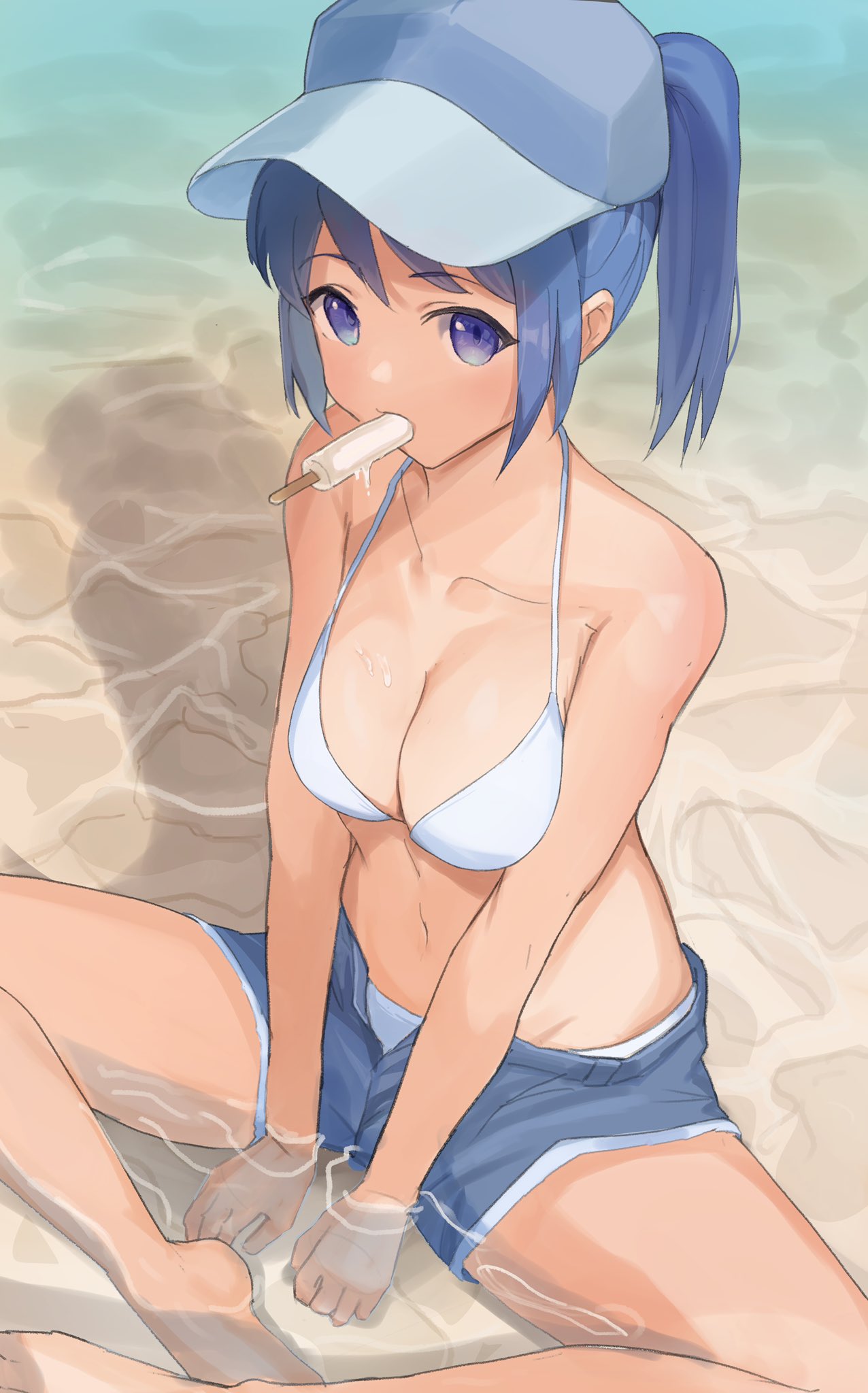 amepa (ame pinecandy), kamiki yui, jikkyou powerful pro yakyuu, power pro kun pocket, power pro kun pocket 4, commentary request, highres, 1girl, baseball cap, beach, bikini, blue eyes, blue hair, blue hat, breasts, butterfly sitting, cleavage, denim, denim shorts, food in mouth, from above, hat, high ponytail, looking at viewer, melting popsicle, navel, partially submerged, ponytail, shorts, sitting, solo, swimsuit, white bikini