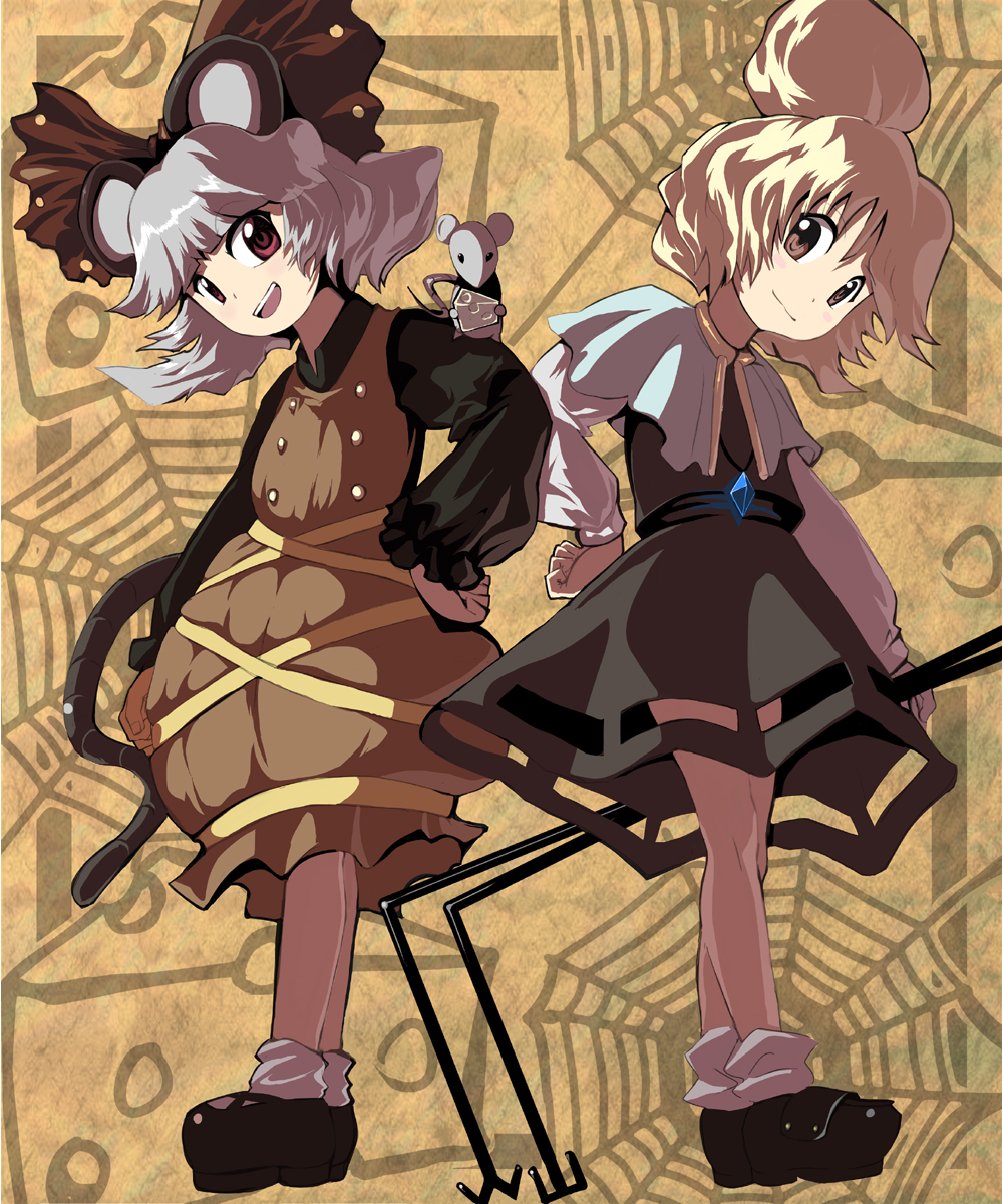 shape, syope, kurodani yamame, nazrin, touhou, highres, 2girls, animal ears, blonde hair, bow, cosplay, costume switch, female focus, grey hair, jewelry, mouse (animal), mouse ears, mouse tail, multiple girls, pendant, red eyes, short hair, tail