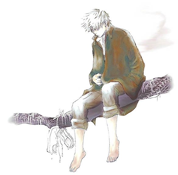 ginko (mushishi), mushishi, non-web source, 1boy, barefoot, cigarette, feet, hair over one eye, male focus, shoes, short hair, smoking, solo, white background, white hair