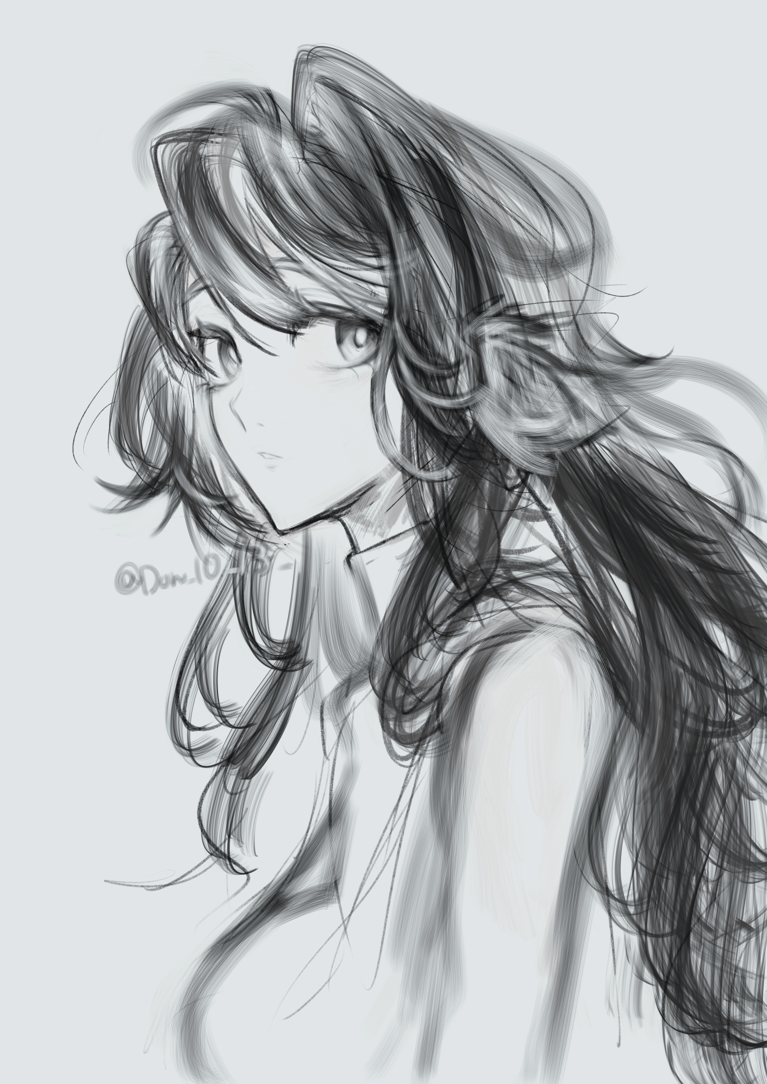 astesia (arknights), arknights, absurdres, commentary request, highres, 1girl, animal ears, babu don (don 10 13), bird ears, feather hair, from side, grey background, greyscale, hair intakes, long hair, looking at viewer, looking to the side, monochrome, parted lips, shirt, simple background, sketch, solo, twitter username, upper body