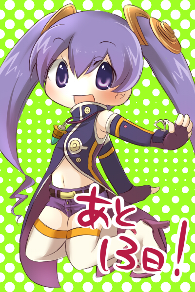 kabuyou, yasai, cocona vatel, ar tonelico, ar tonelico iii, gust, multicolored legwear, 00s, 1girl, chibi, elbow gloves, female focus, fingerless gloves, gloves, hair ornament, jewelry, long hair, navel, necklace, pendant, purple eyes, purple hair, solo, thighhighs, twintails, very long hair, white thighhighs