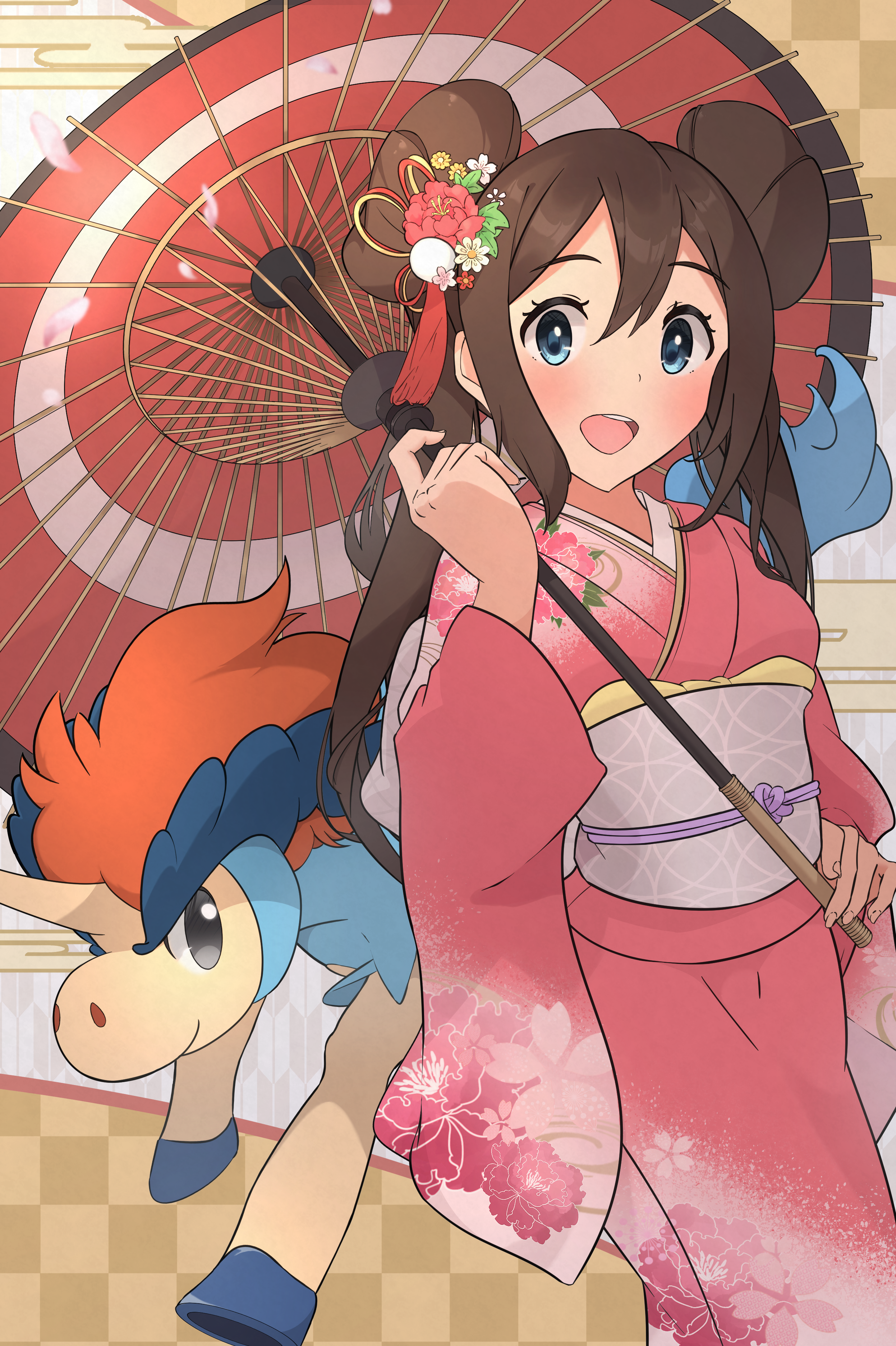 suborofu, keldeo, rosa (pokemon), nintendo, pokemon, absurdres, commentary request, highres, 1girl, :d, alternate costume, blue eyes, brown hair, checkered background, donut, double bun, food, gen 5 pokemon, hair bun, japanese clothes, kimono, legendary pokemon, looking at viewer, mythical pokemon, obi, oil-paper umbrella, open mouth, pink kimono, pokemon (creature), sash, smile, teeth, umbrella, upper teeth only, white sash