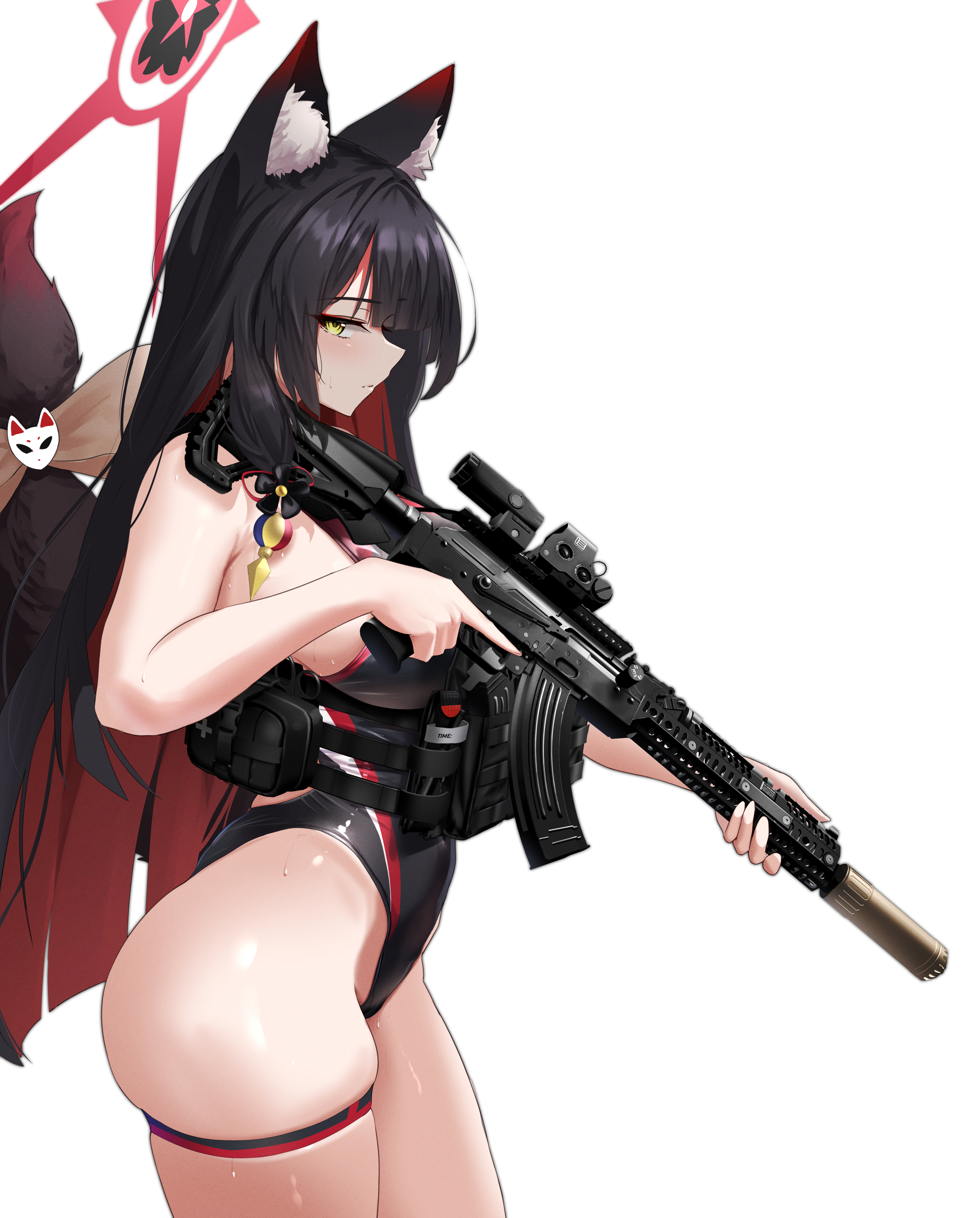 rynn (rynn cube), wakamo (blue archive), blue archive, absurdres, commentary request, commission, highres, pixiv commission, revision, 1girl, akm, animal ear fluff, animal ears, assault rifle, black hair, black one-piece swimsuit, breasts, closed mouth, competition swimsuit, curvy, fox ears, fox girl, from side, gun, halo, holding, holding gun, holding weapon, kalashnikov rifle, large breasts, long hair, one-piece swimsuit, pouch, rifle, solo, standing, suppressor, swimsuit, tactical clothes, thick thighs, thigh strap, thighs, weapon, yellow eyes