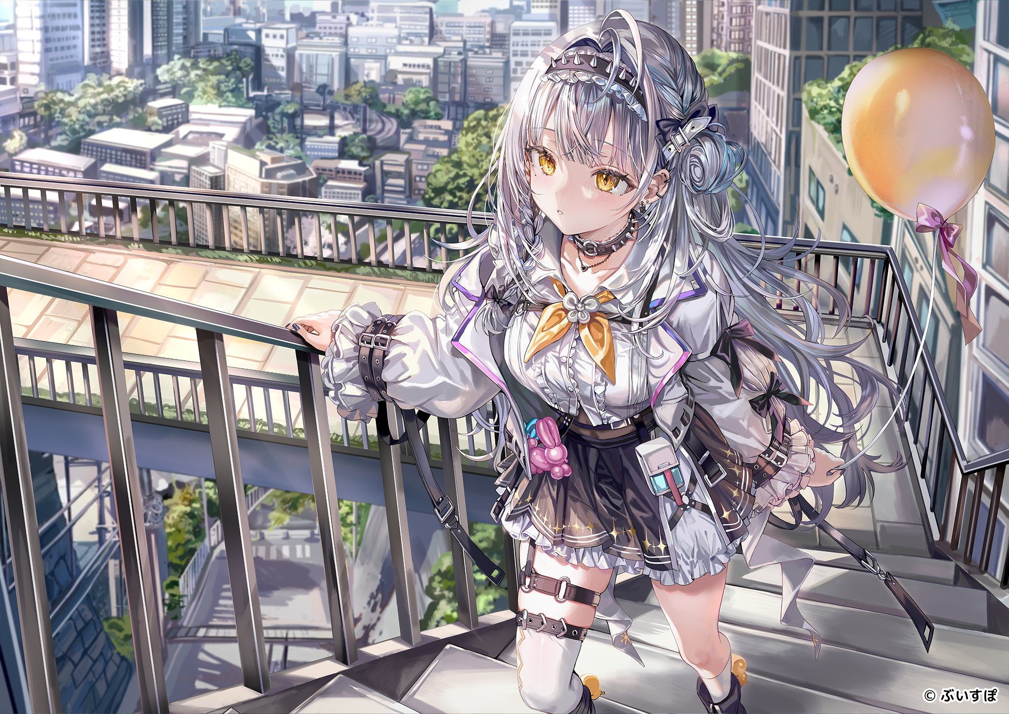 momoko (momopoco), vspo!, commentary request, highres, official art, second-party source, 1girl, black skirt, center frills, frills, grey hair, jacket, long sleeves, neckerchief, open clothes, open jacket, outdoors, parted lips, saine ginjo, shirt, skirt, solo, virtual youtuber, walking, white shirt, yellow eyes, yellow neckerchief