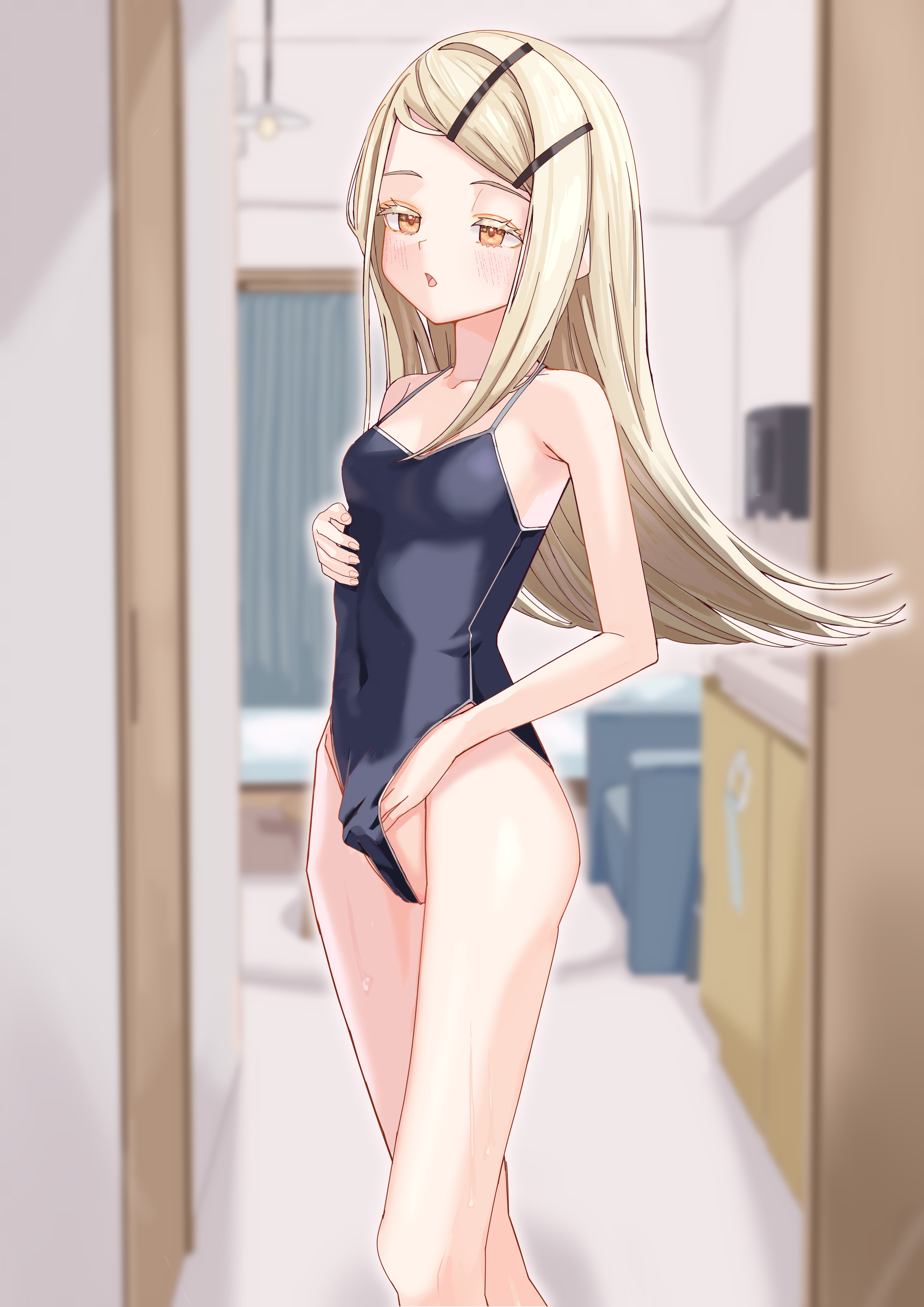 kinako mochi, shinosawa hiro, gakuen idolmaster, idolmaster, absurdres, commentary request, highres, 1girl, blonde hair, blush, breasts, clothes pull, competition swimsuit, covered navel, indoors, long hair, one-piece swimsuit, one-piece swimsuit pull, open mouth, orange eyes, small breasts, solo, swimsuit