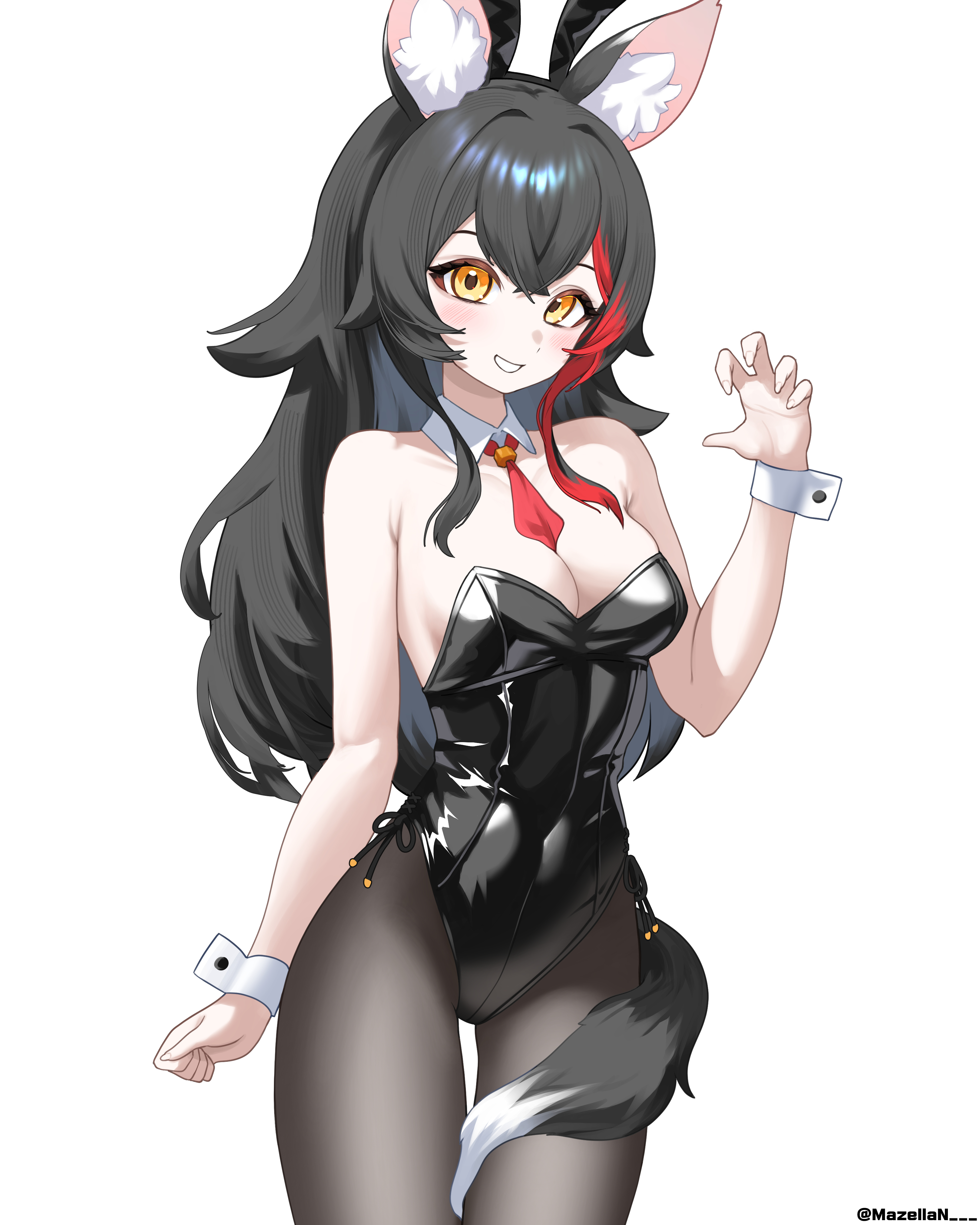 mazellan, ookami mio, hololive, absurdres, commentary request, highres, 1girl, animal ear fluff, animal ears, artist name, black hair, black leotard, black pantyhose, breasts, cleavage, collarbone, detached collar, extra ears, leotard, long hair, looking at viewer, multicolored hair, necktie, orange eyes, pantyhose, playboy bunny, rabbit ears, red hair, red necktie, shiny leotard, short necktie, side-tie leotard, simple background, smile, solo, strapless, strapless leotard, streaked hair, tail, tail around own leg, two-tone hair, virtual youtuber, white background, white wrist cuffs, wolf girl, wolf tail, wrist cuffs