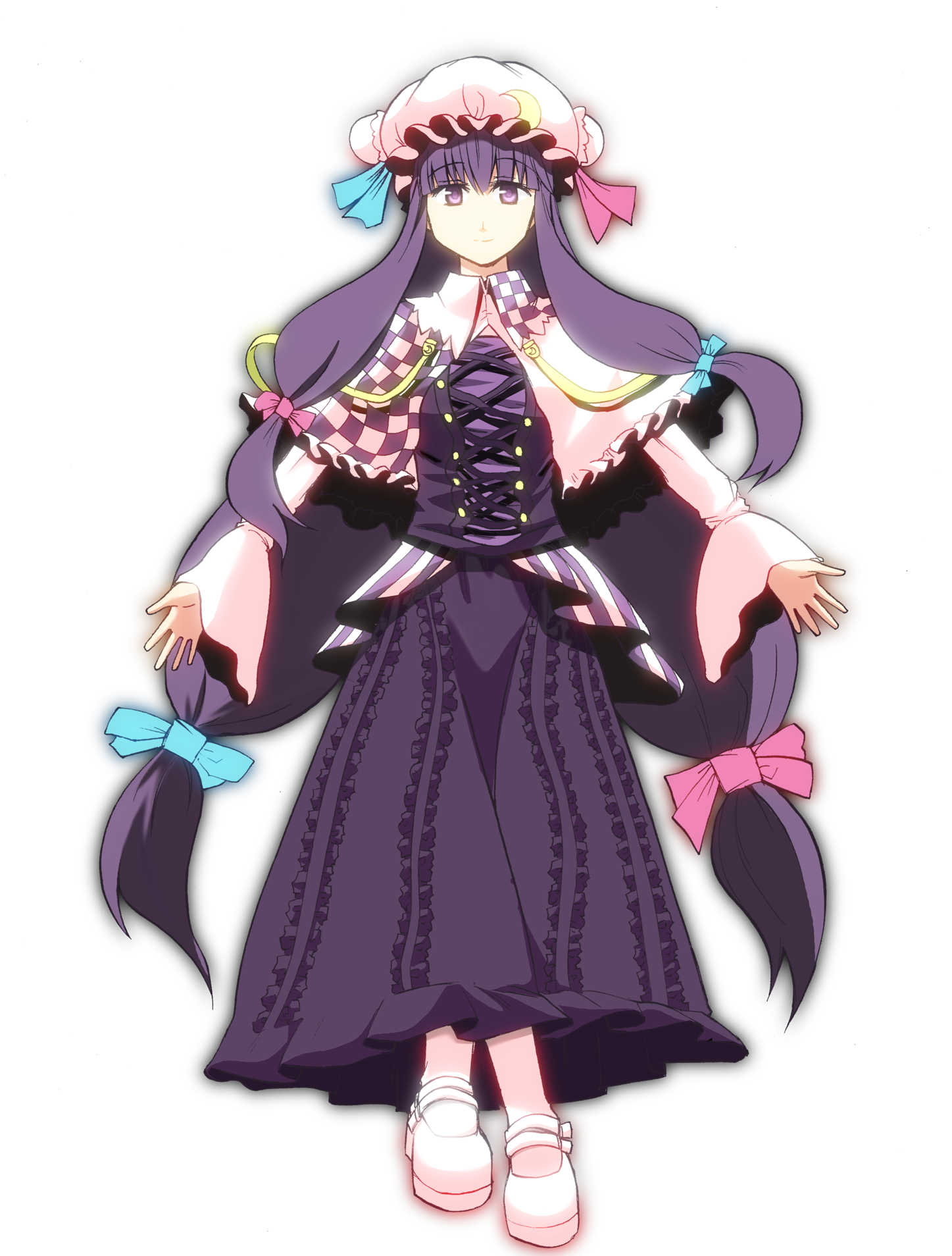 tsuji kazuho, tsuji kazuo, patchouli knowledge, touhou, bad id, bad pixiv id, highres, 1girl, alternate costume, bow, dress, female focus, full body, hair bow, hair ribbon, hat, long hair, multiple hair bows, purple eyes, purple hair, ribbon, solo, transparent background, very long hair