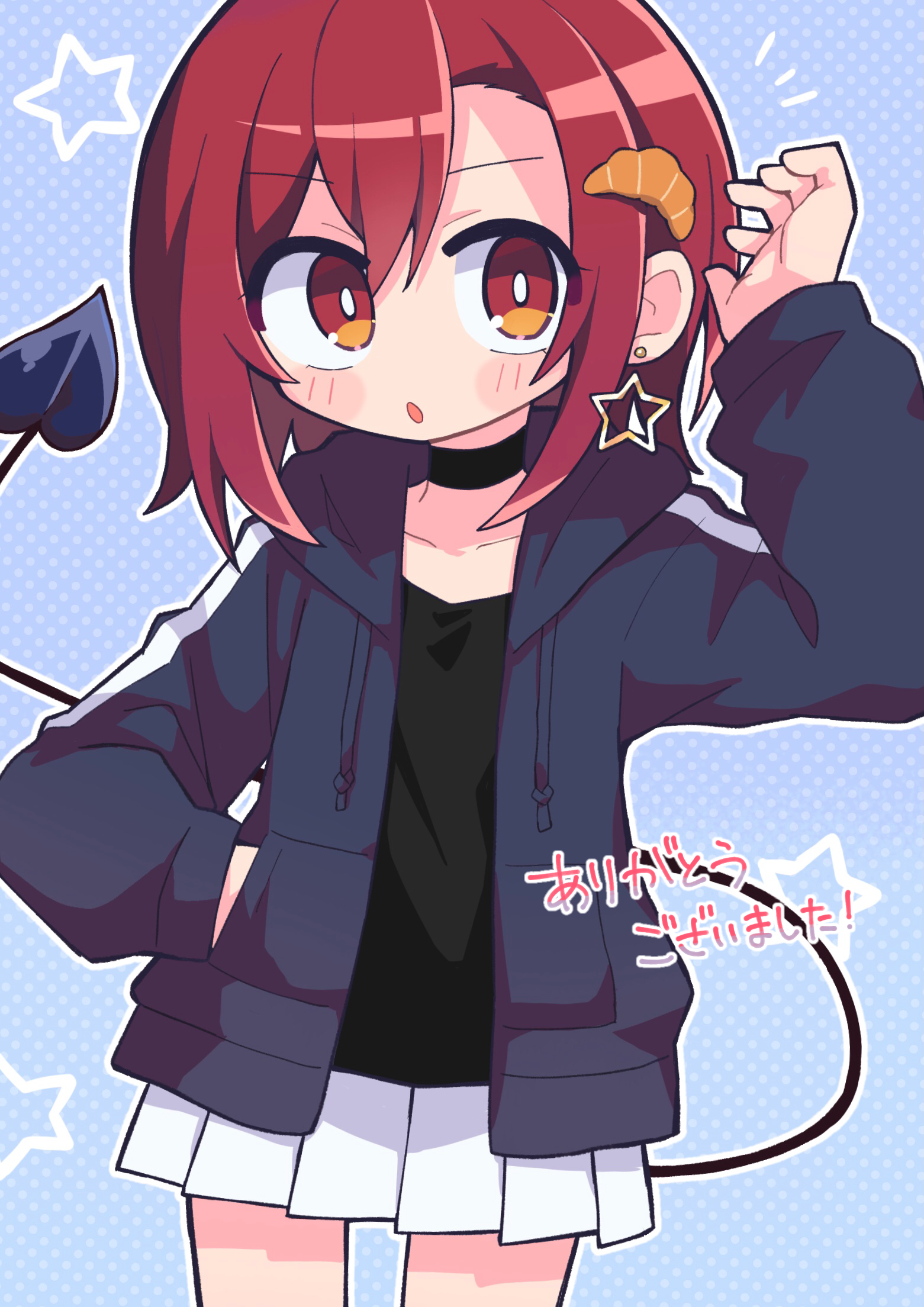 richard (richaball), original, commentary request, commission, highres, skeb commission, 1girl, :o, arm up, black choker, black shirt, blue background, blue hoodie, blush stickers, borrowed character, bright pupils, choker, collarbone, cowboy shot, croissant hair ornament, demon girl, demon tail, double-parted bangs, drawstring, earrings, food-themed hair ornament, hair between eyes, hair ornament, hood, hood down, hoodie, jewelry, long sleeves, looking at viewer, miniskirt, notice lines, open clothes, open hoodie, open mouth, outline, pleated skirt, polka dot, polka dot background, red eyes, red hair, shirt, short hair, sidelocks, skirt, solo, star (symbol), star earrings, tail, white outline, white pupils, white skirt