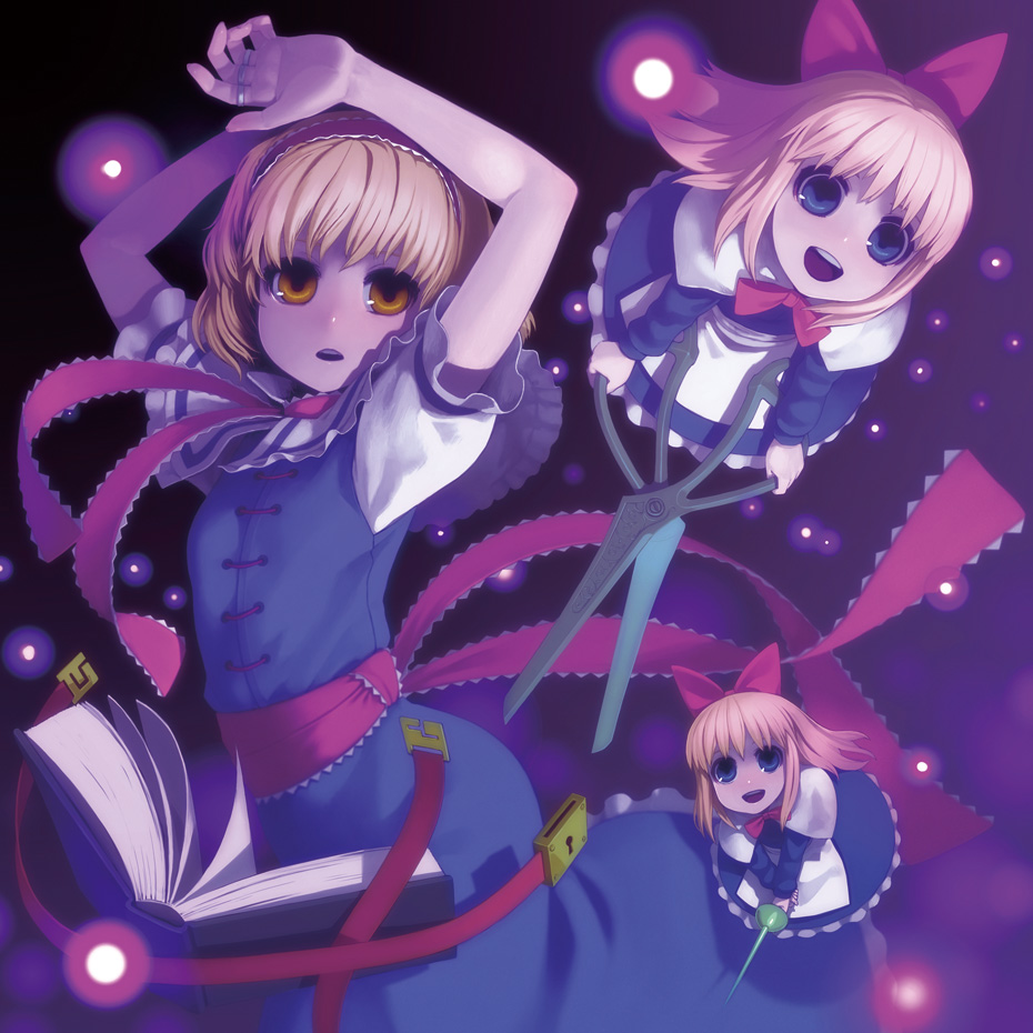x6suke, alice margatroid, shanghai doll, touhou, bad id, bad pixiv id, 3girls, black background, blonde hair, blue eyes, book, doll, female focus, hairband, multiple girls, ribbon, scissors, short hair, solo, standing, yellow eyes