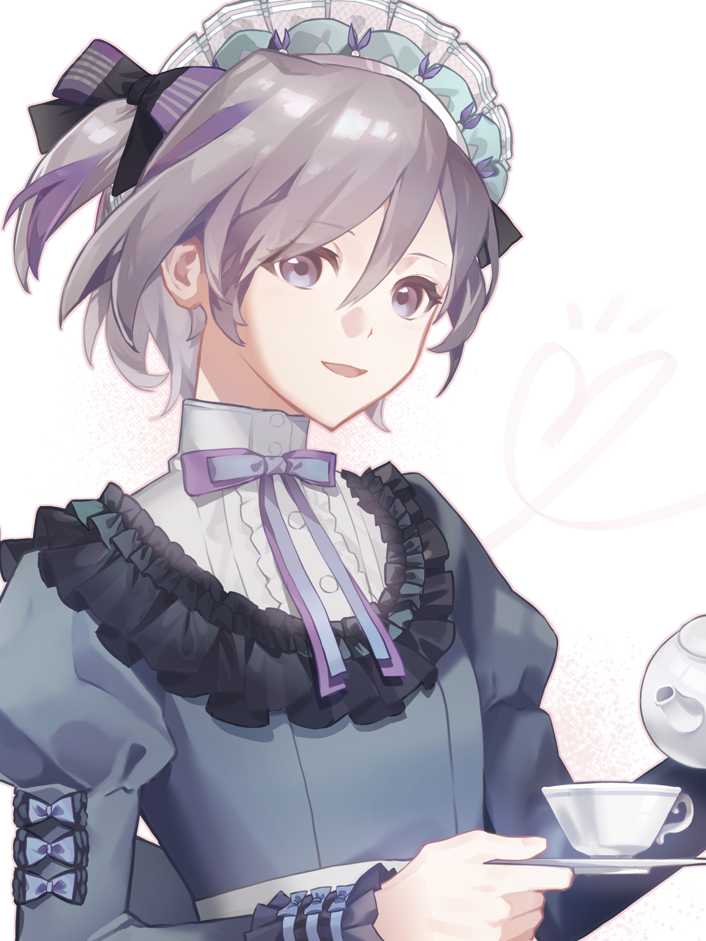 contender (flowerful maid) (girls' frontline), contender (girls' frontline), girls' frontline, absurdres, hashtag-only commentary, highres, 1girl, black bow, bow, dress, grey dress, hair bow, holding, holding saucer, holding teapot, kumilittlealka, looking at viewer, maid headdress, multicolored hair, official alternate costume, open mouth, purple eyes, saucer, simple background, smile, solo, streaked hair, teapot, two-tone hair, white background