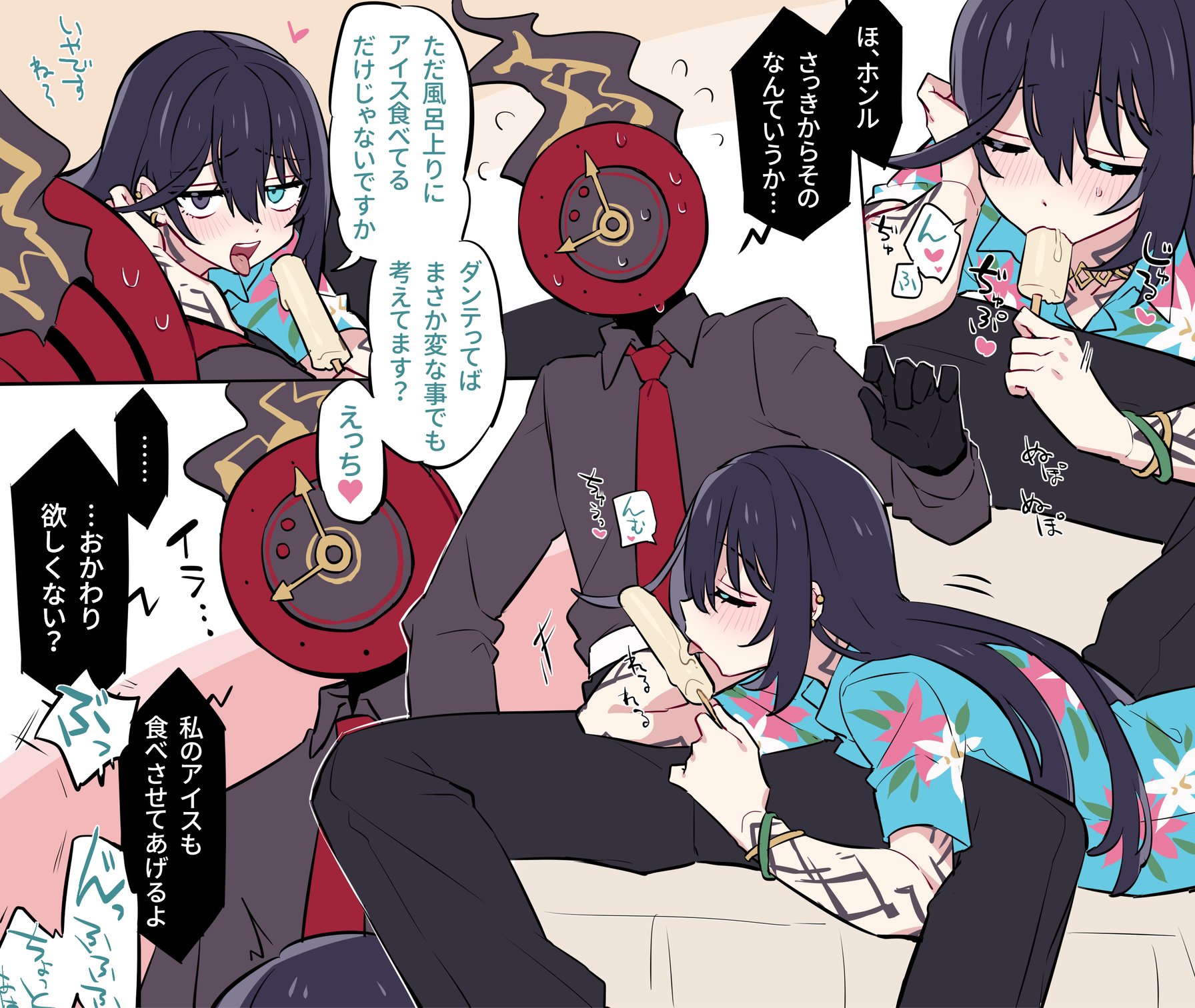 shiki (shikki46), dante (limbus company), hong lu (project moon), limbus company, project moon, commentary request, highres, translation request, 2boys, black gloves, black pants, black shirt, blue shirt, clock, collared shirt, fellatio, fire, floral print, gloves, hawaiian shirt, heart, multiple boys, necktie, object head, oral, pants, red necktie, sexually suggestive, shirt, short sleeves, simulated fellatio, tingtang gang (identity) (project moon), yaoi