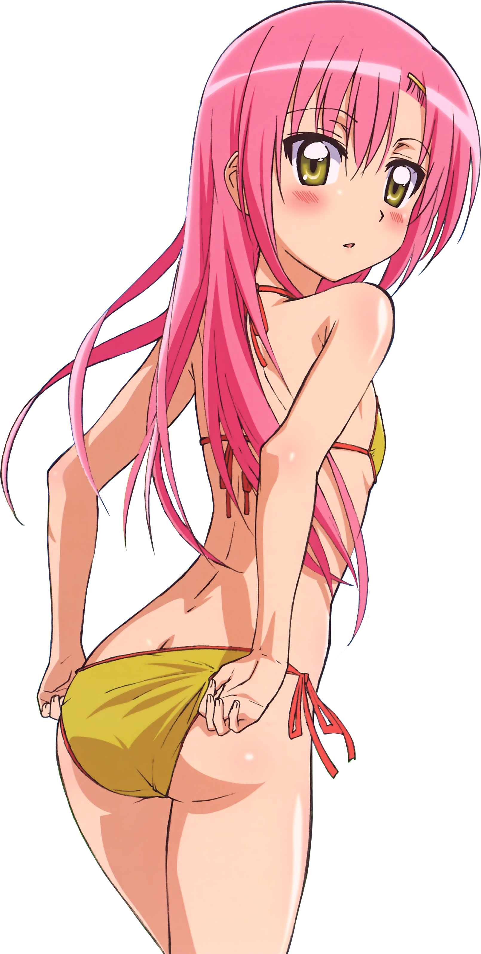 katsura hinagiku, hayate no gotoku!, absurdres, highres, third-party edit, 00s, 1girl, ass, bikini, blush, female focus, flat chest, long hair, pink hair, simple background, solo, swimsuit, yellow eyes
