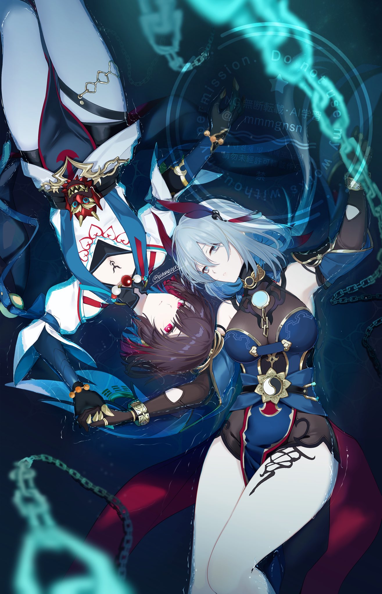 mmmgnsn, hanya (honkai: star rail), xueyi (honkai: star rail), honkai: star rail, honkai (series), commentary request, highres, 2girls, bead necklace, beads, blue hair, bracelet, bright pupils, brown hair, chain, claws, colored inner hair, detached sleeves, floral print, grey eyes, hair ornament, jewelry, long hair, medium hair, multicolored hair, multiple girls, necklace, pantyhose, partially submerged, pelvic curtain, red eyes, sash, see-through cleavage, see-through clothes, siblings, sisters, tassel, very long hair, watermark