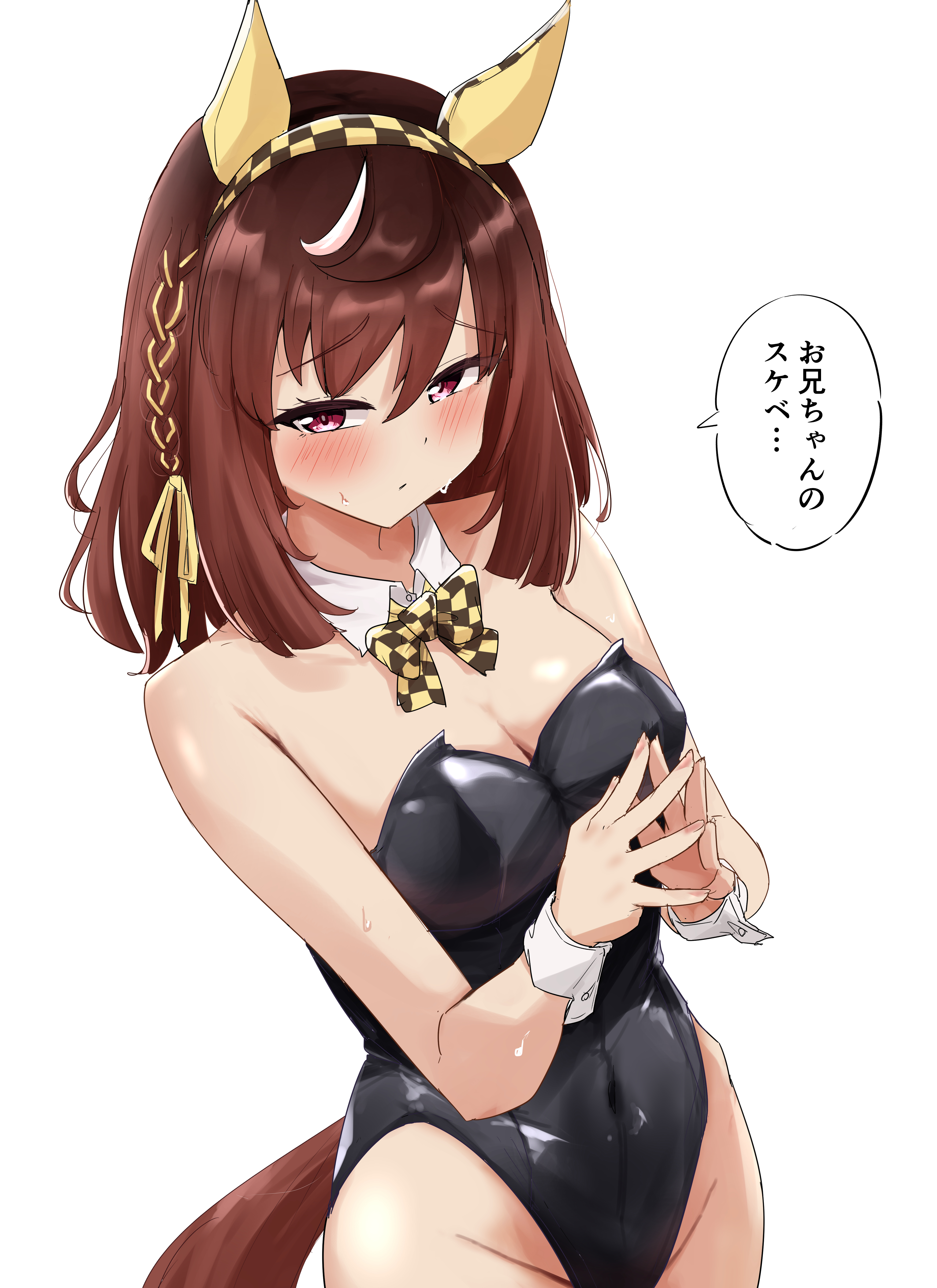gryebooks, buena vista (umamusume), absurdres, commentary request, highres, 1girl, alternate costume, animal ears, bare shoulders, black leotard, bow, bowtie, breasts, brown hair, cleavage, ear covers, groin, horse ears, horse girl, horse tail, leotard, looking at viewer, medium hair, playboy bunny, simple background, solo, tail, thighs, white background, yellow bow, yellow bowtie