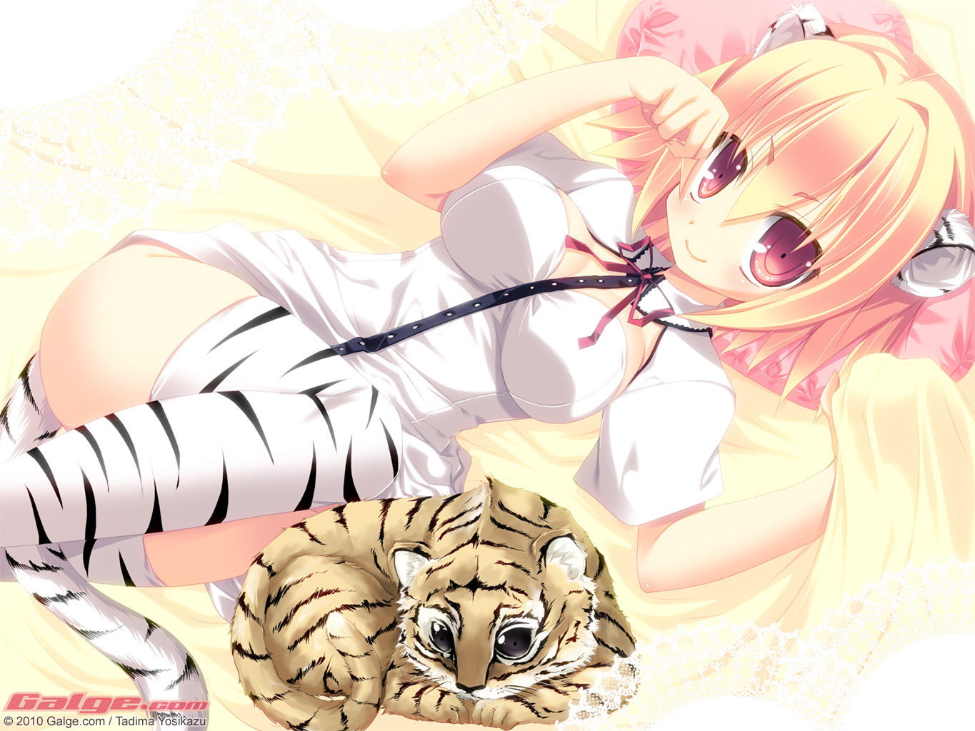 tajima yoshikazu, galge.com, original, 1girl, 2010, animal ears, animal print, blonde hair, female focus, lying, red eyes, short hair, solo, tail, thighhighs, tiger, tiger ears, tiger girl, tiger print, tiger tail