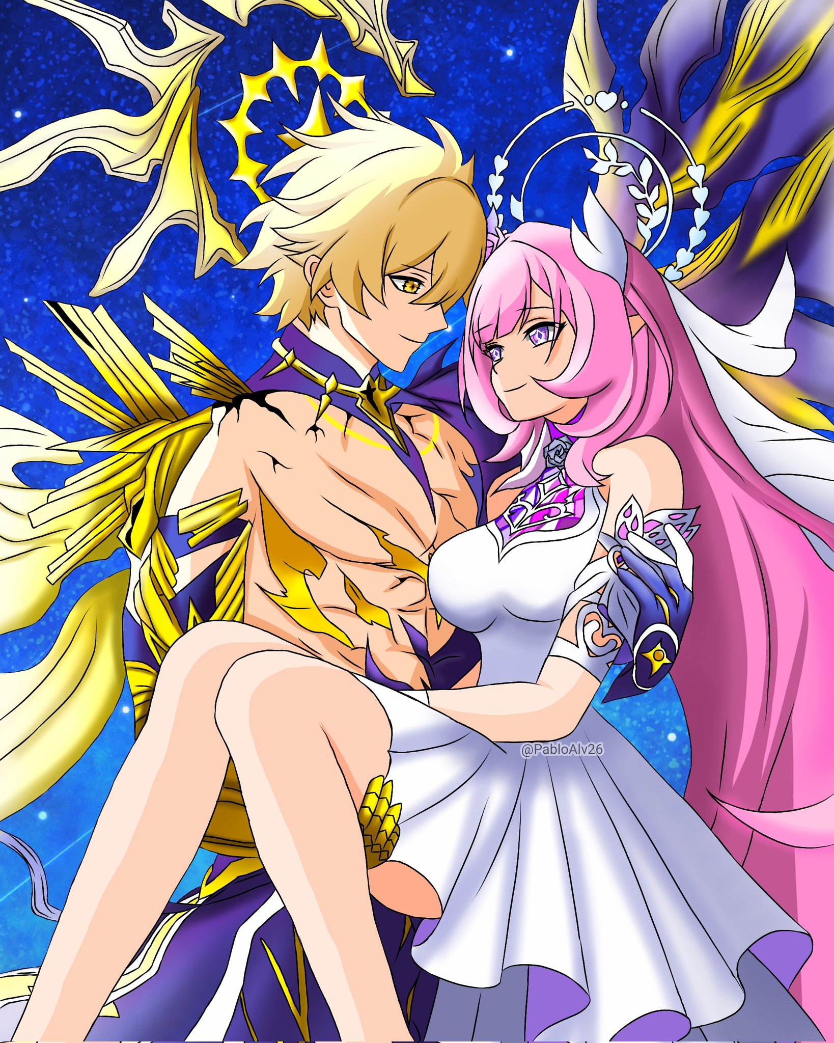 cyrene (demiurge) (honkai: star rail), cyrene (honkai: star rail), phainon (honkai: star rail), phainon (khaslana) (honkai: star rail), honkai: star rail, honkai (series), commentary, english commentary, highres, 1boy, 1girl, alternate form, bare shoulders, carrying, cracked skin, diamond-shaped pupils, diamond (shape), dress, hair ornament, halo, halo behind head, long hair, material growth, pablo alvarado, pink hair, pointy ears, princess carry, purple eyes, short hair, smile, solo, symbol-shaped pupils, tattoo, twitter username, very long hair, white dress, wings, yellow eyes