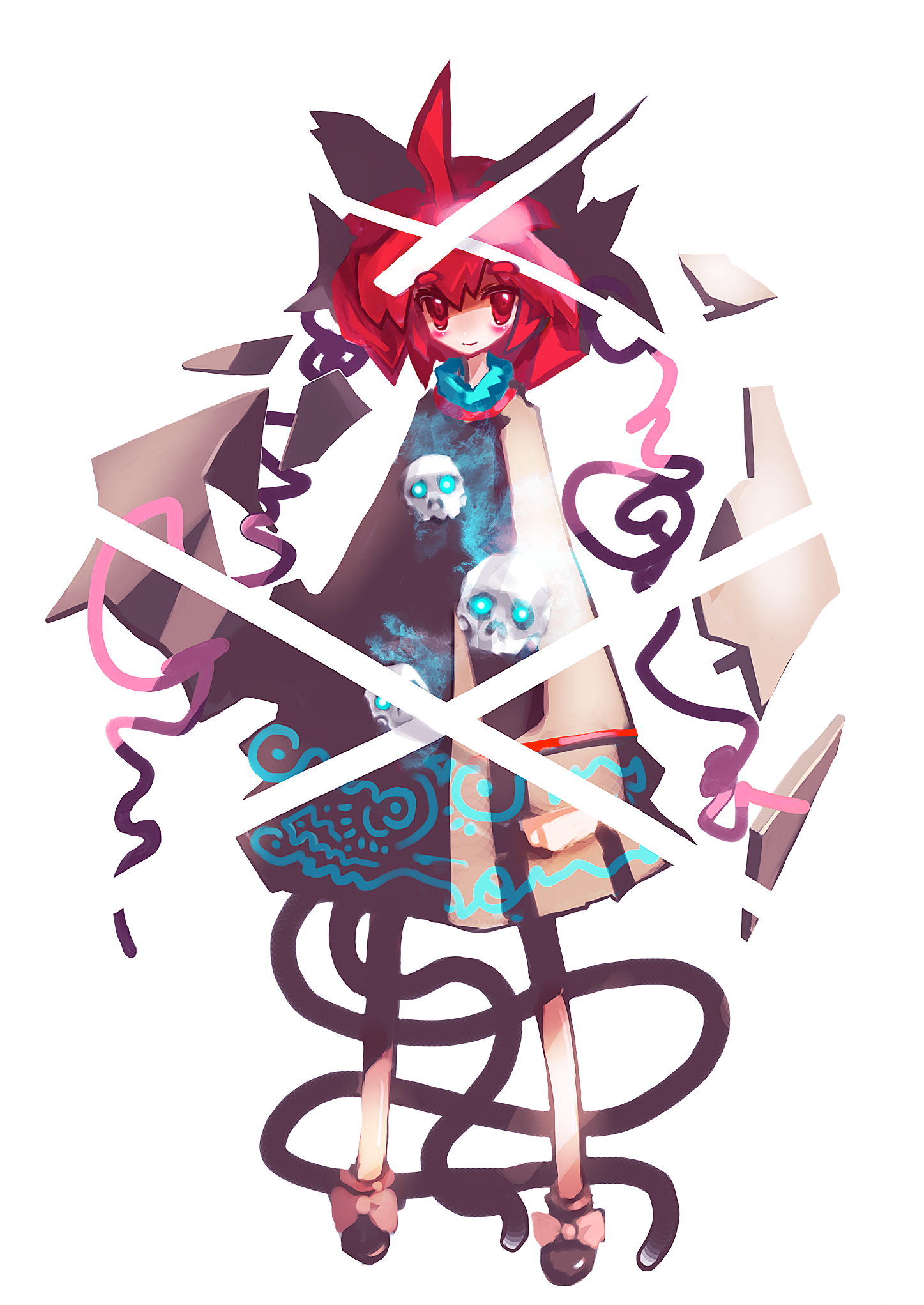 tanaka ken'ichi, kaenbyou rin, touhou, bad id, bad pixiv id, highres, 1girl, alternate costume, animal ears, bow, cat ears, cat girl, cat tail, female focus, full body, glowing, glowing eyes, multiple tails, red eyes, red hair, ribbon, shoes, short hair, skull, solo, standing, tail, transparent background