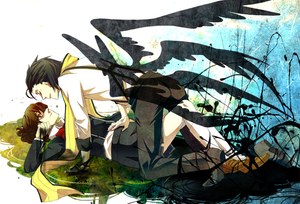 yumiyoshi, mochizuki ryouji, shiomi kotone, atlus, persona, persona 3, persona 3 portable, 1boy, 1girl, brown hair, closed eyes, couple, hetero, lying, red eyes, scarf, school uniform, skirt, socks, suspenders