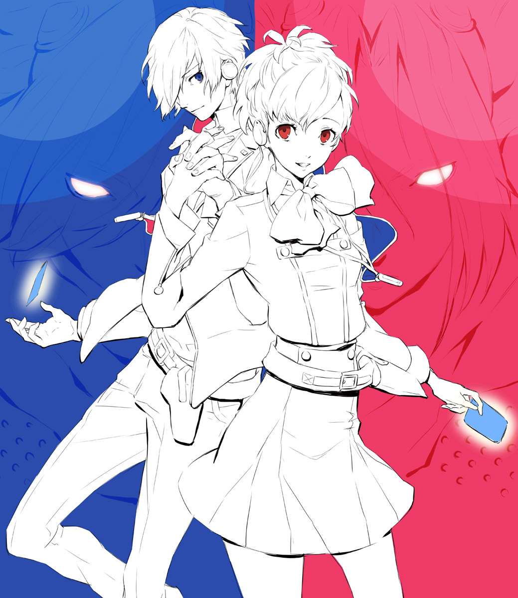 ginsyari, kishiwada robin, shiomi kotone, yuuki makoto (persona 3), atlus, persona, persona 3, persona 3 portable, highres, 1boy, 1girl, blue eyes, blue theme, bow, card, card with aura, floating card, gun, headphones, hetero, holding, holding card, holding hands, red eyes, red theme, school uniform, skirt, smile, socks, weapon