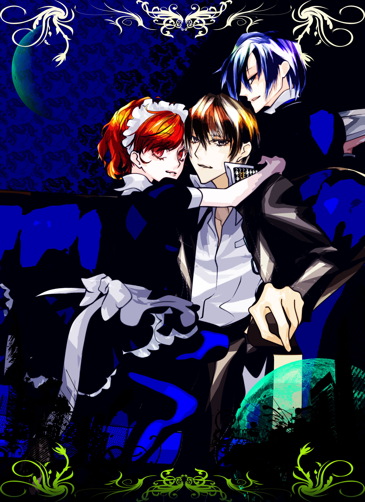 tachibana (benikake), tachibana (pixiv710020), narukami yu, shiomi kotone, yuuki makoto (persona 3), atlus, persona, persona 3, persona 3 portable, persona 4, bad id, bad pixiv id, highres, 1girl, 2boys, blue hair, brown hair, maid, maid headdress, multiple boys, school uniform, short hair, skirt, smile