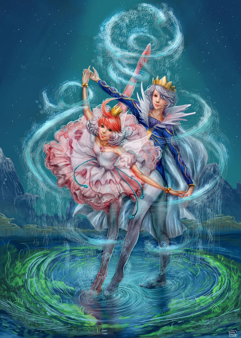 ahiru (princess tutu), mytho (princess tutu), princess tutu (character), siegfried (princess tutu), princess tutu, 1boy, 1girl, ahoge, arabesque (pose), ballerina, ballerino, ballet, ballet dress, ballet slippers, bare shoulders, blue eyes, bracelet, cape, crown, dress, emily nguyen, en pointe, jewelry, necklace, orange hair, pantyhose, prince, realistic, second position of the arms, short hair, smile, tutu