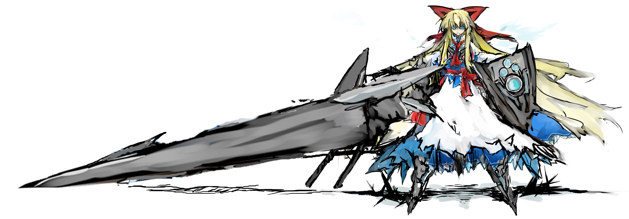 beru, eboshidori, shanghai doll, ikaruga, touhou, highres, blonde hair, blue eyes, crossover, long hair, ribbon, solo, weapon