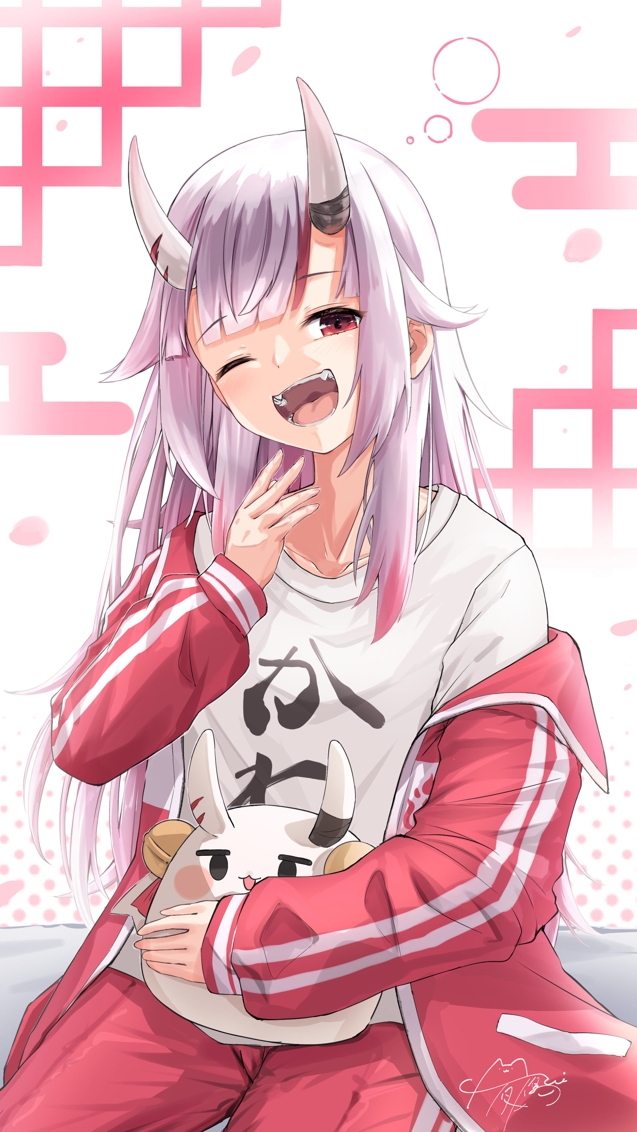 u da desu, nakiri ayame, nakiri ayame (cutie jersey), hololive, absurdres, commentary, highres, 1girl, horns, jacket, long hair, looking at viewer, official alternate costume, one eye closed, oni, open mouth, pants, red eyes, red hair, red jacket, red pants, red streaks, shirt, sidelocks, skin-covered horns, solo, track jacket, track suit, very long hair, virtual youtuber, white shirt