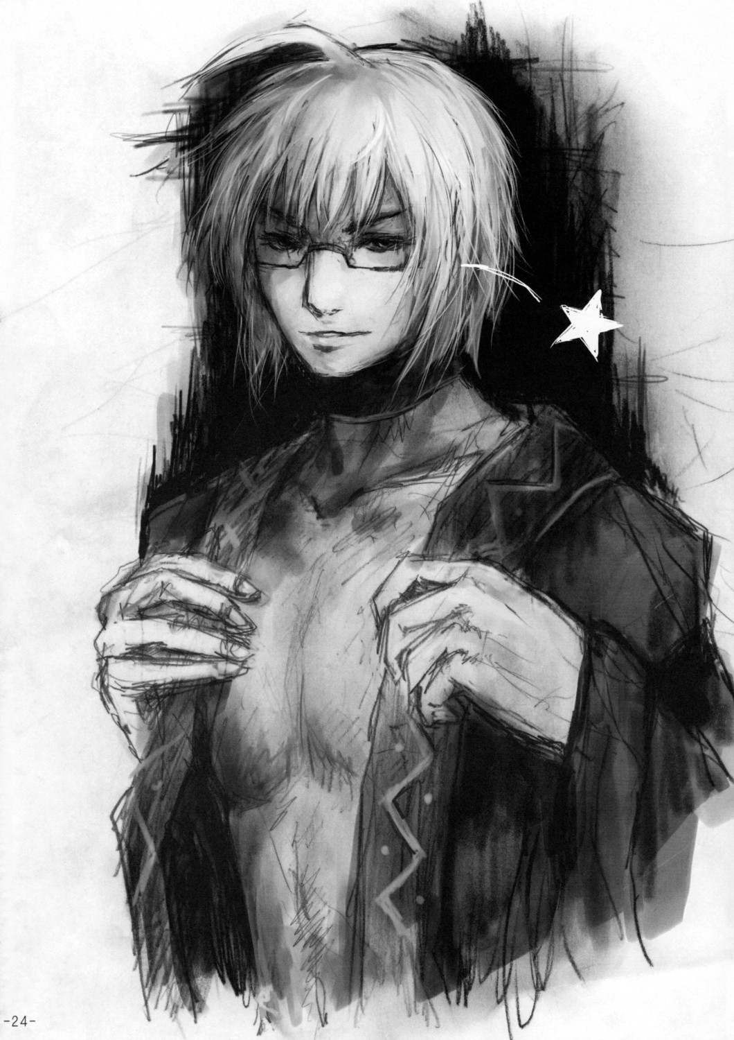 kurinton, mannosuke, morichika rinnosuke, curiosities of lotus asia, touhou, highres, 1boy, choker, glasses, greyscale, male focus, monochrome, open clothes, open shirt, shirt, short hair, solo, star (symbol), undressing