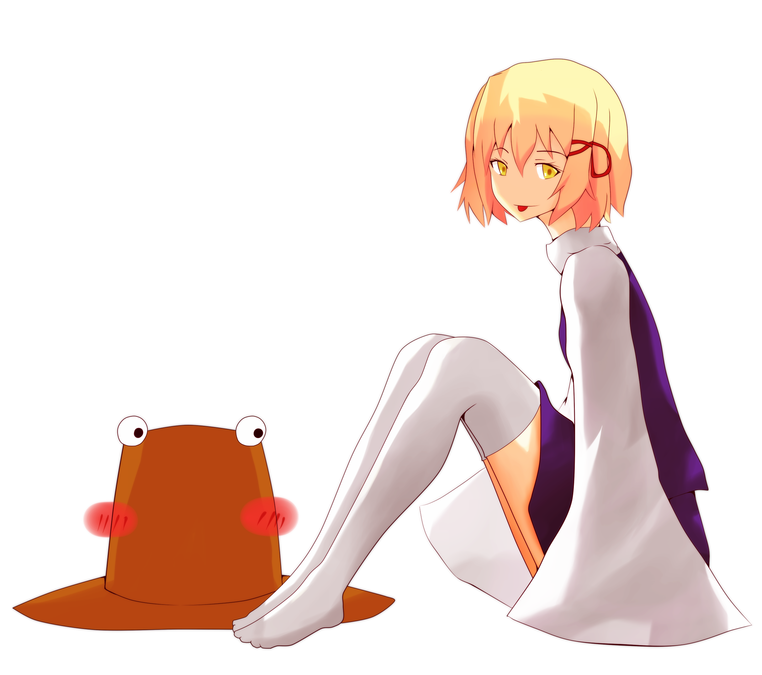 opuu (opmk9), moriya suwako, touhou, bad id, bad pixiv id, highres, 1girl, :p, blonde hair, blush, female focus, full body, hat, peeking, ribbon, short hair, solo, thighhighs, tongue, tongue out, transparent background, unworn hat, unworn headwear, yellow eyes