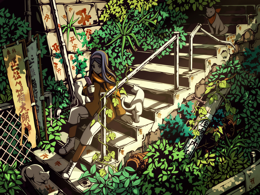 torigoe takumi, original, 1girl, blue hair, cat, cellphone, female focus, hairband, long hair, overgrown, phone, sitting, sitting on stairs, solo, stairs