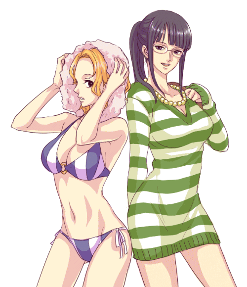 tiga2, nami (one piece), nico robin, one piece, one piece: strong world, bad id, bad pixiv id, 2girls, arms up, bikini, black hair, blunt bangs, breasts, cleavage, dress, female focus, glasses, hand up, jewelry, large breasts, long hair, long sleeves, looking at viewer, medium breasts, midriff, multiple girls, navel, necklace, o-ring, o-ring top, orange hair, ponytail, short dress, short hair, side-tie bikini bottom, simple background, striped bikini, striped clothes, striped dress, striped sweater, sweater, sweater dress, swimsuit, towel, white background