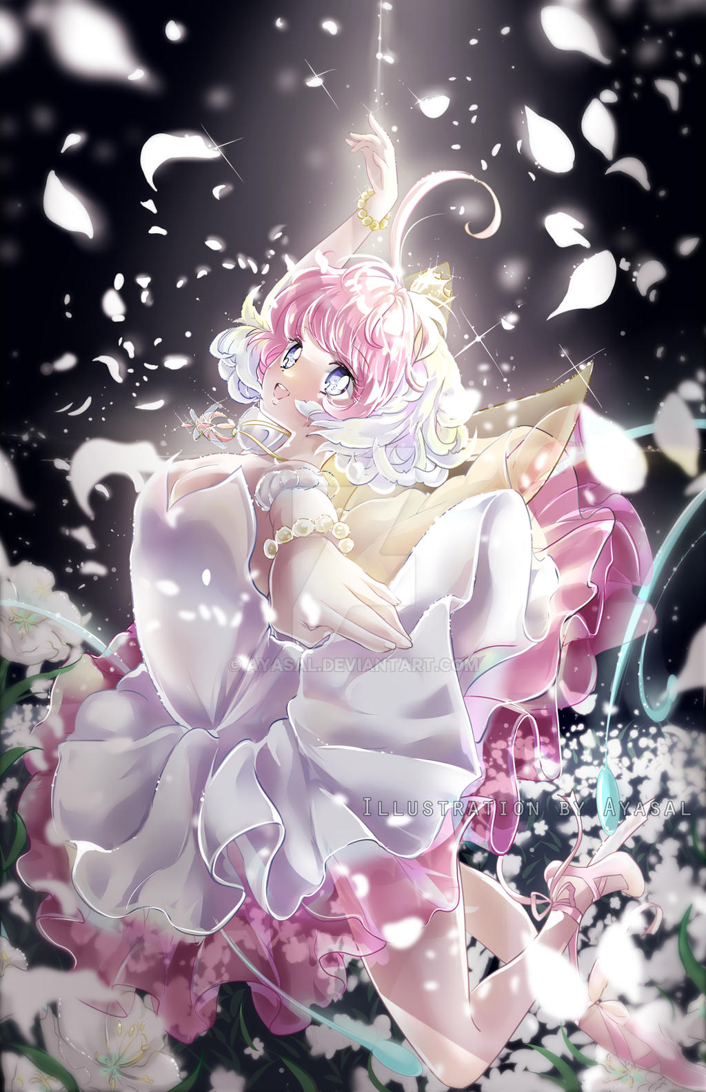 ayasal, ahiru (princess tutu), princess tutu (character), princess tutu, highres, 1girl, ahoge, ballerina, ballet, ballet dress, ballet slippers, bare shoulders, blue eyes, bracelet, crown, dancing, dress, en pointe, eyelashes, feathers, flower, jewelry, magical girl, necklace, pink hair, short hair, smile, solo, tutu