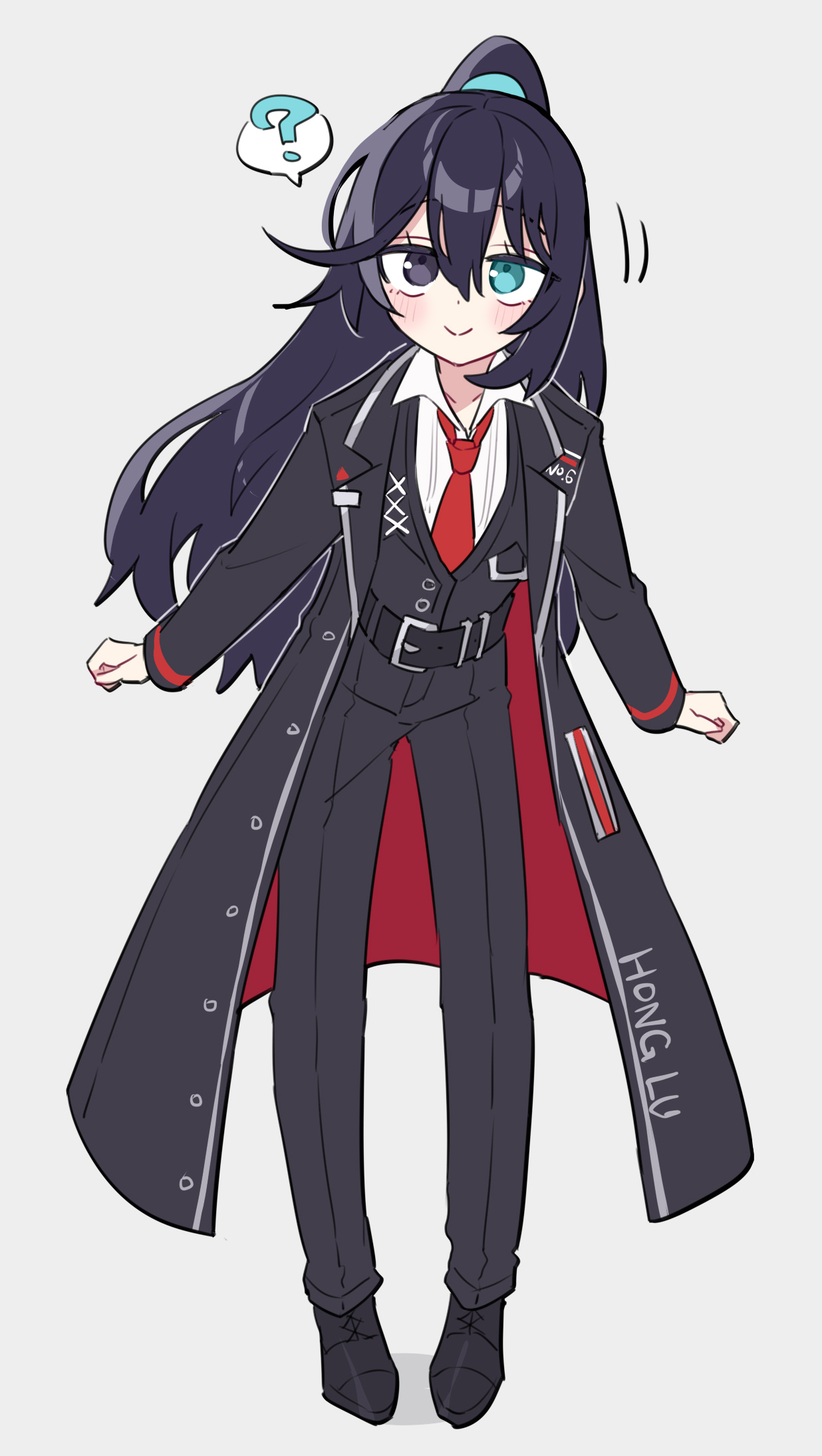 shiki (shikki46), hong lu (project moon), limbus company, project moon, commentary request, highres, 1boy, aqua eyes, belt, black belt, black coat, black eyes, black hair, black pants, black vest, closed mouth, coat, collared shirt, full body, heterochromia, long hair, looking at viewer, necktie, pants, red coat, red necktie, shirt, smile, solo, two-sided coat, two-sided fabric, very long hair, vest, white shirt